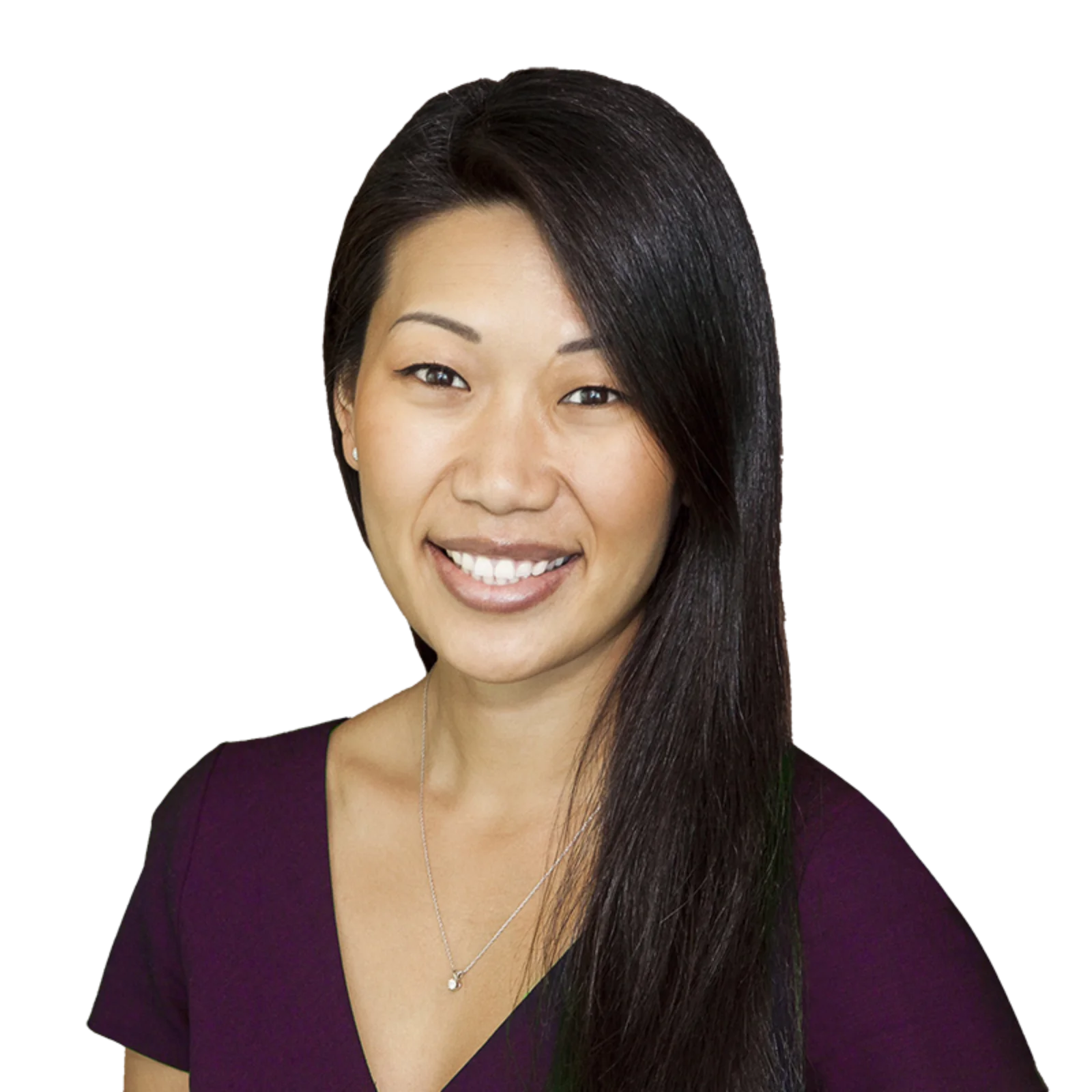 Portrait of Katherine Lee wearing a purple dress and smiling.