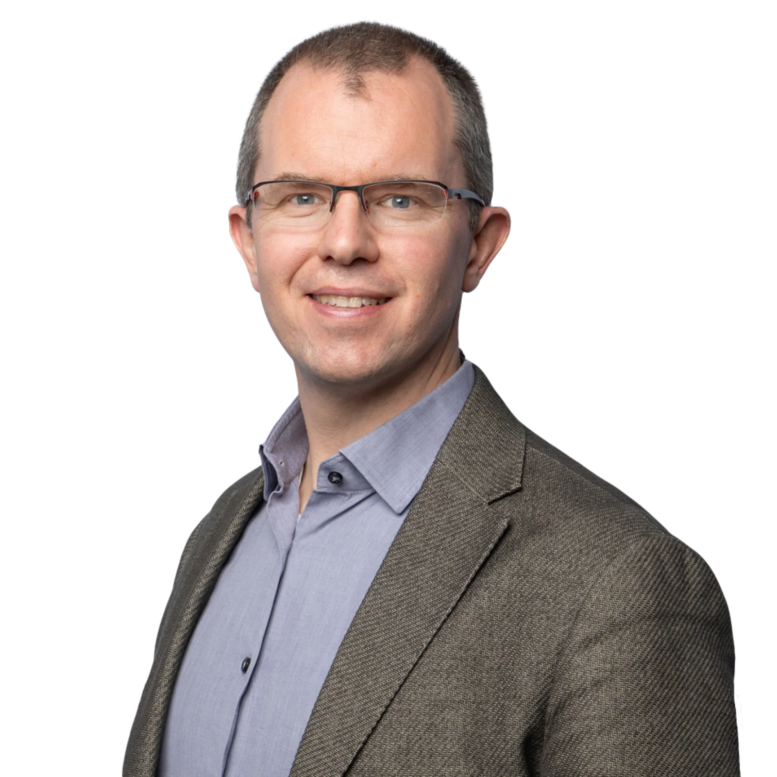 Professional portrait of Markus Müller wearing a grey blazer and glasses.