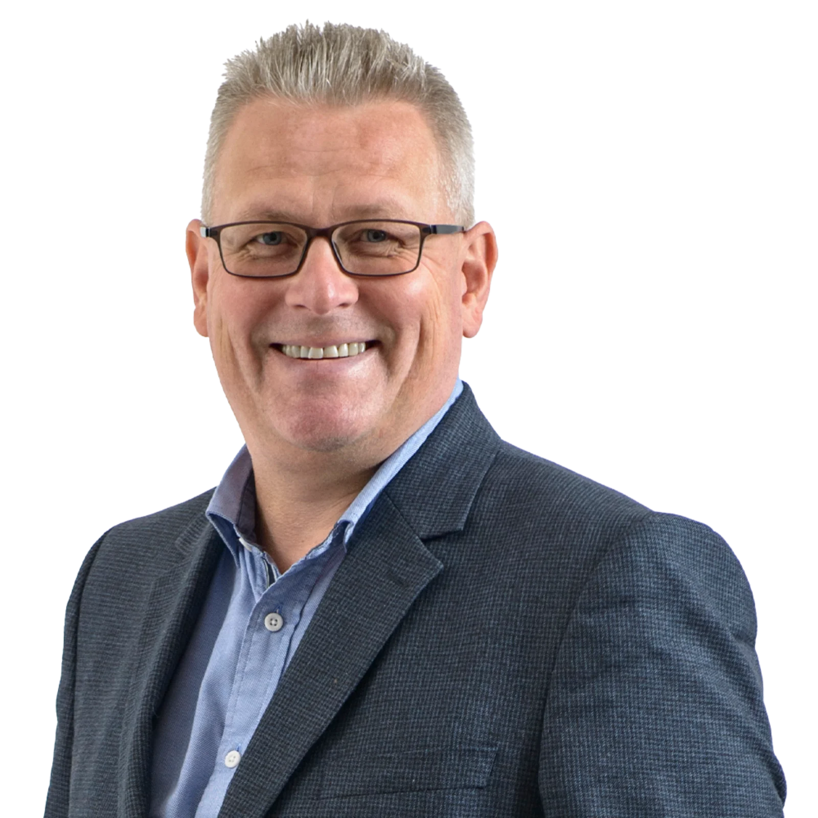 Portrait of Tim Osler wearing glasses and a blue suit jacket, smiling confidently.