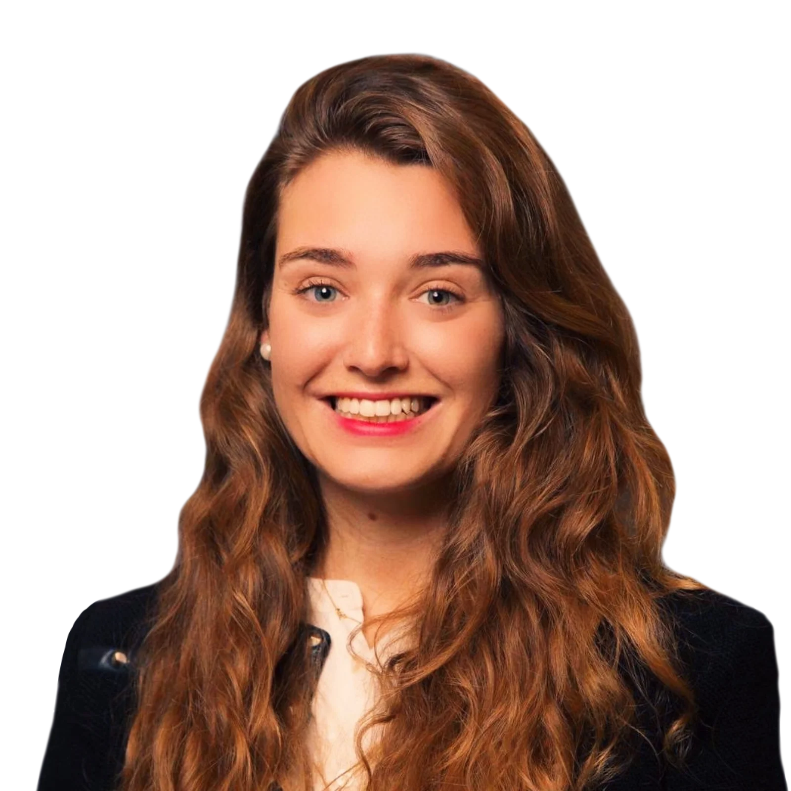 Professional portrait of Julie de Melo, smiling with long, wavy hair, wearing a dark jacket over a white shirt.