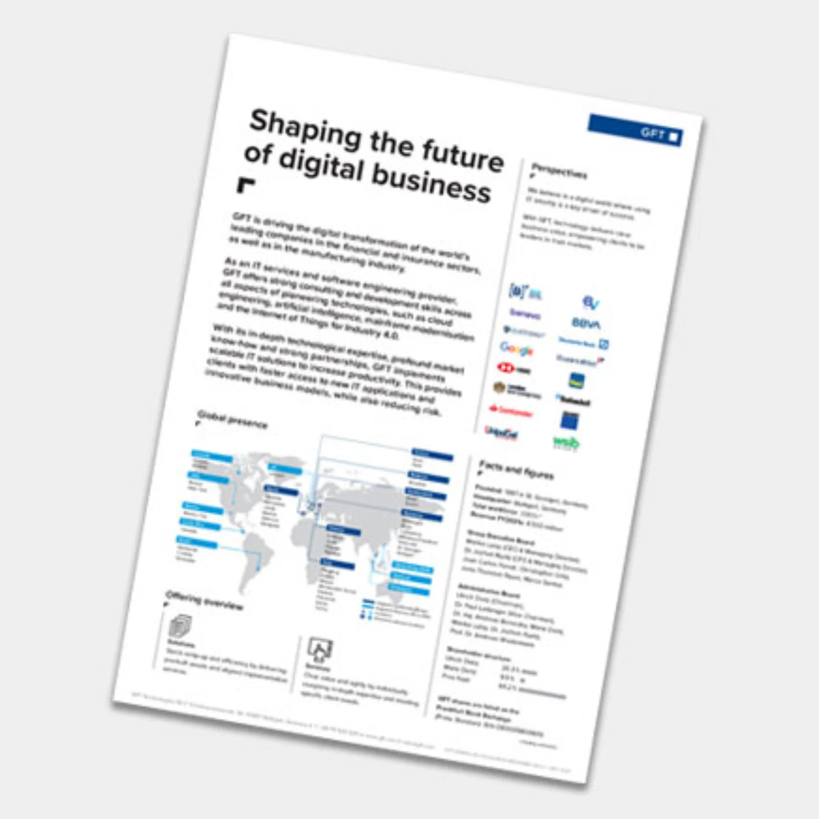 A document titled &quot;Shaping the Future of Digital Business&quot; by GFT Technologies SE, outlining the company&#039;s global presence, partnerships, and expertise in driving digital transformation for leading financial institutions.