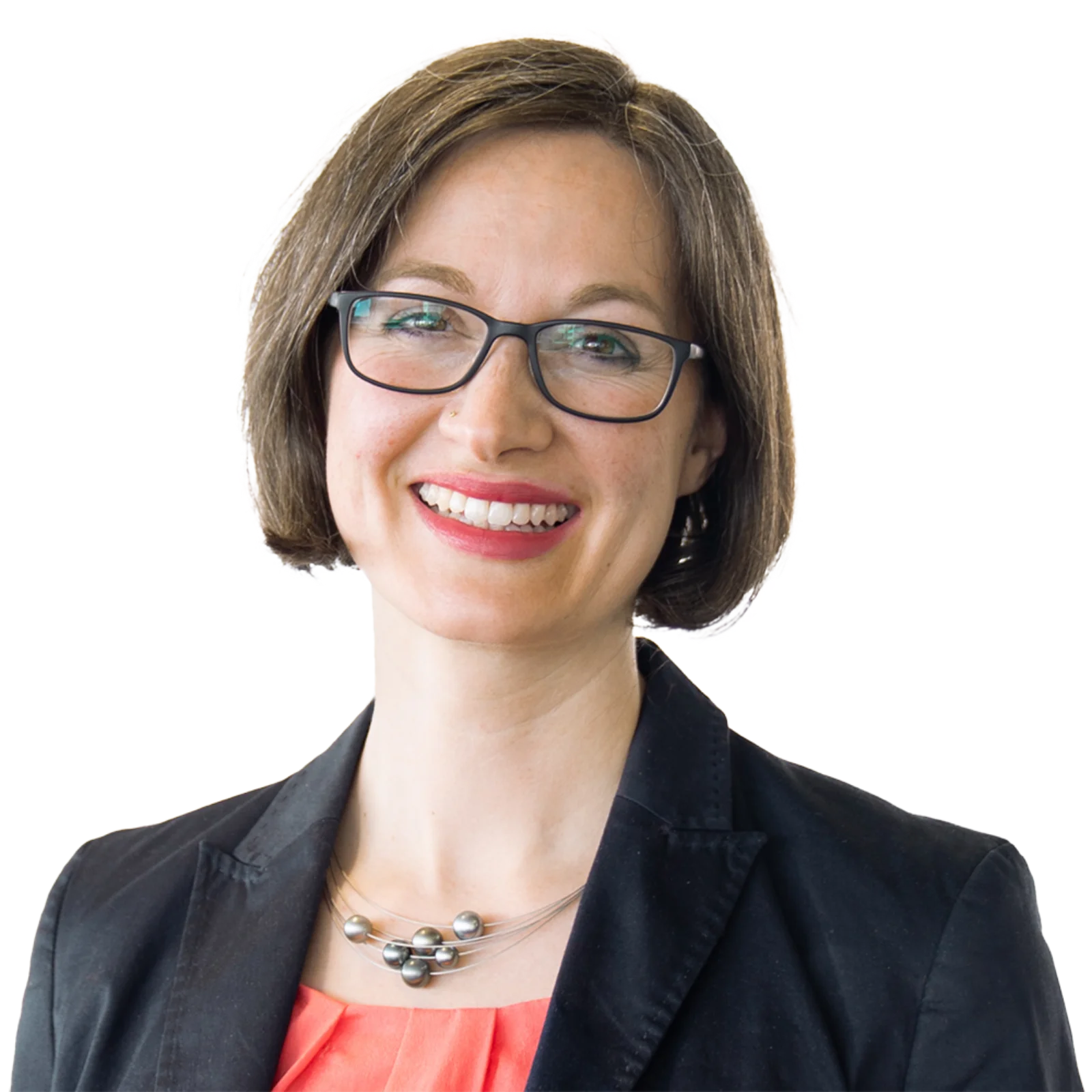 Portrait of Daniela Kielmann in a black blazer and glasses, smiling.