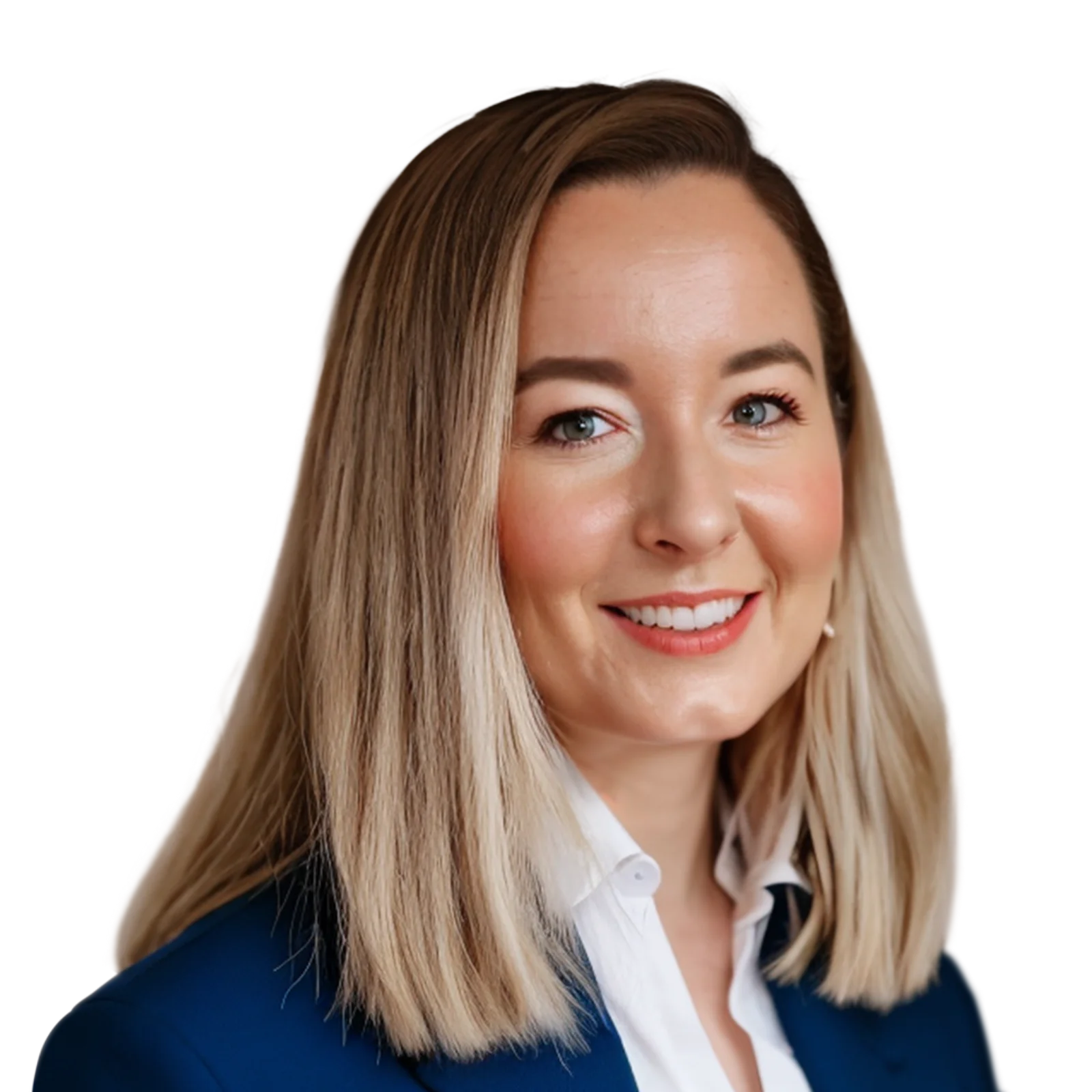 Portrait of Kathrin Günther wearing a blue blazer and white shirt, smiling warmly.