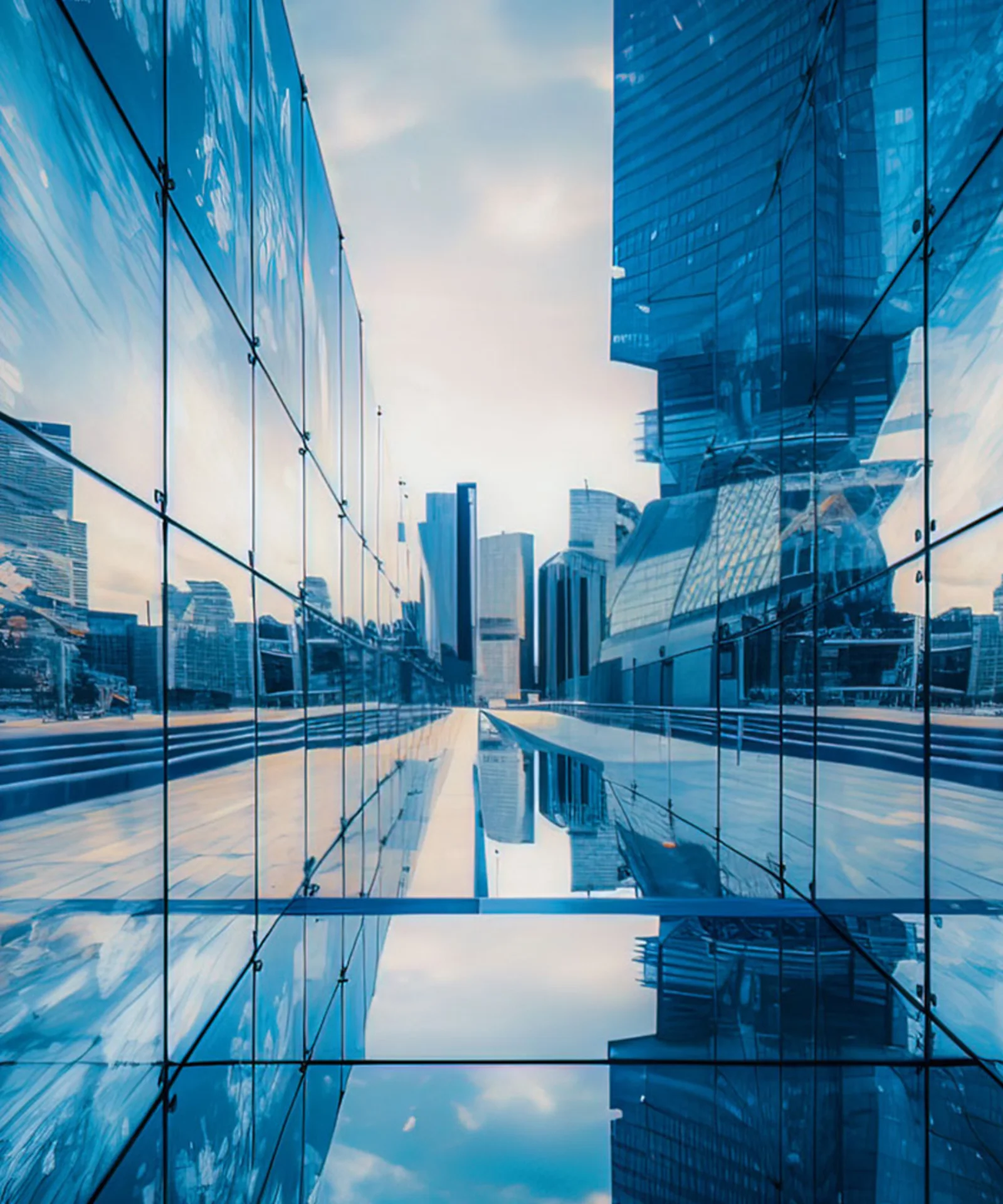 Un paisaje urbano futurista reflejado en la fachada de cristal de un edificio moderno, ilustrando la innovación y el desarrollo urbano.