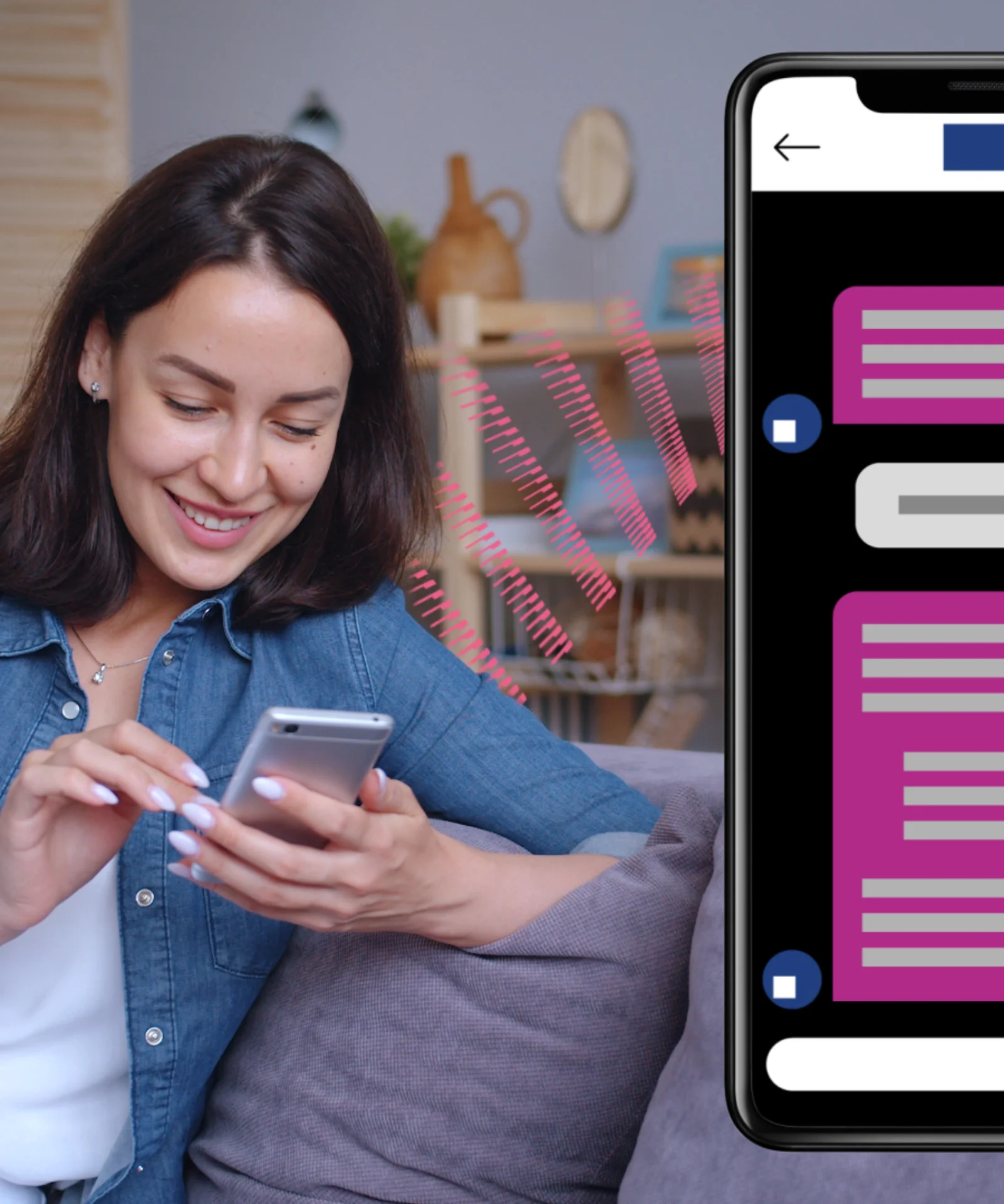 A smiling woman using a smartphone with a large mobile screen beside her showing a chat interface with GFT branding.