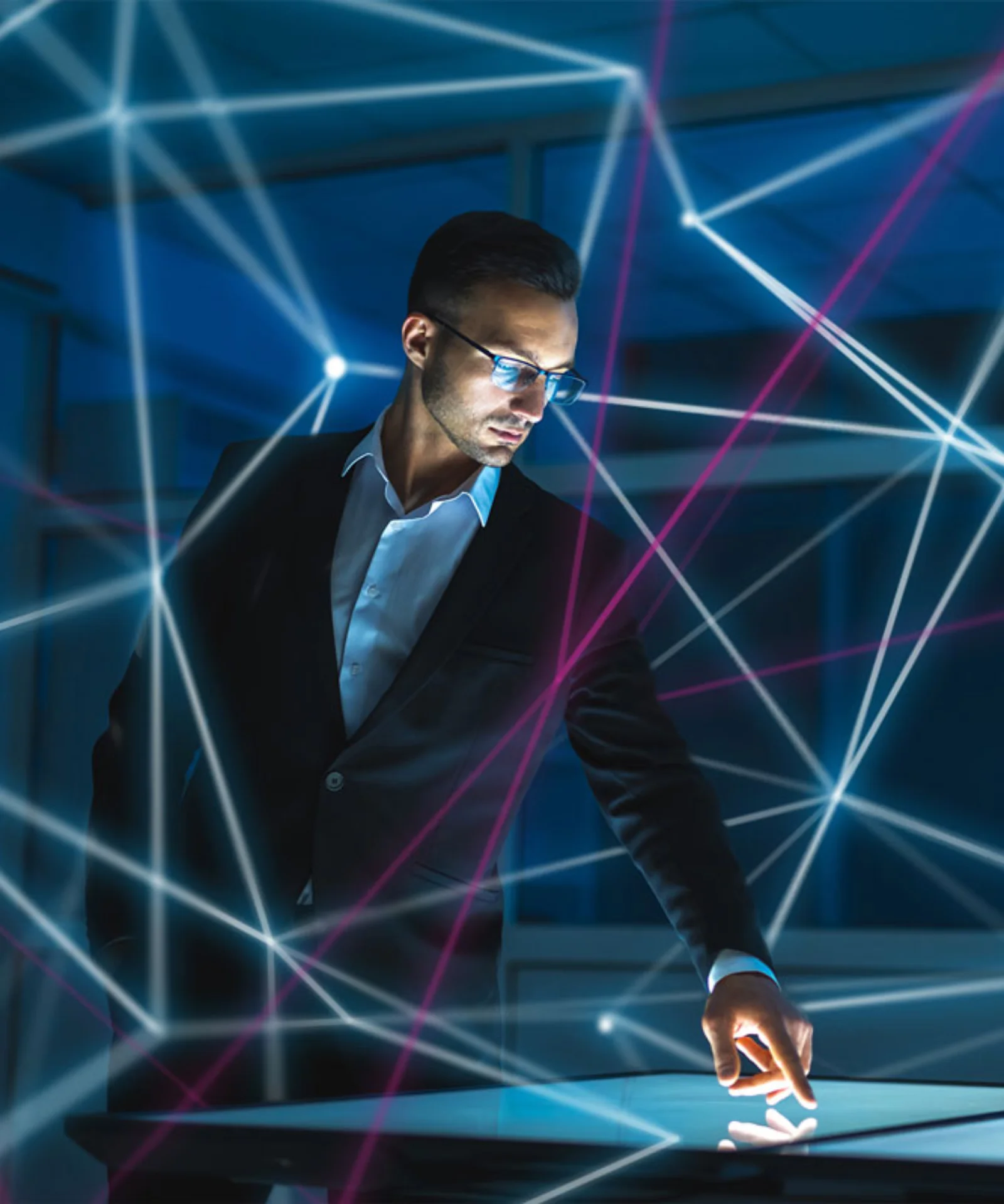 A man in a business suit interacting with a digital interface surrounded by abstract network lines, symbolising the exploration and management of cryptocurrency.