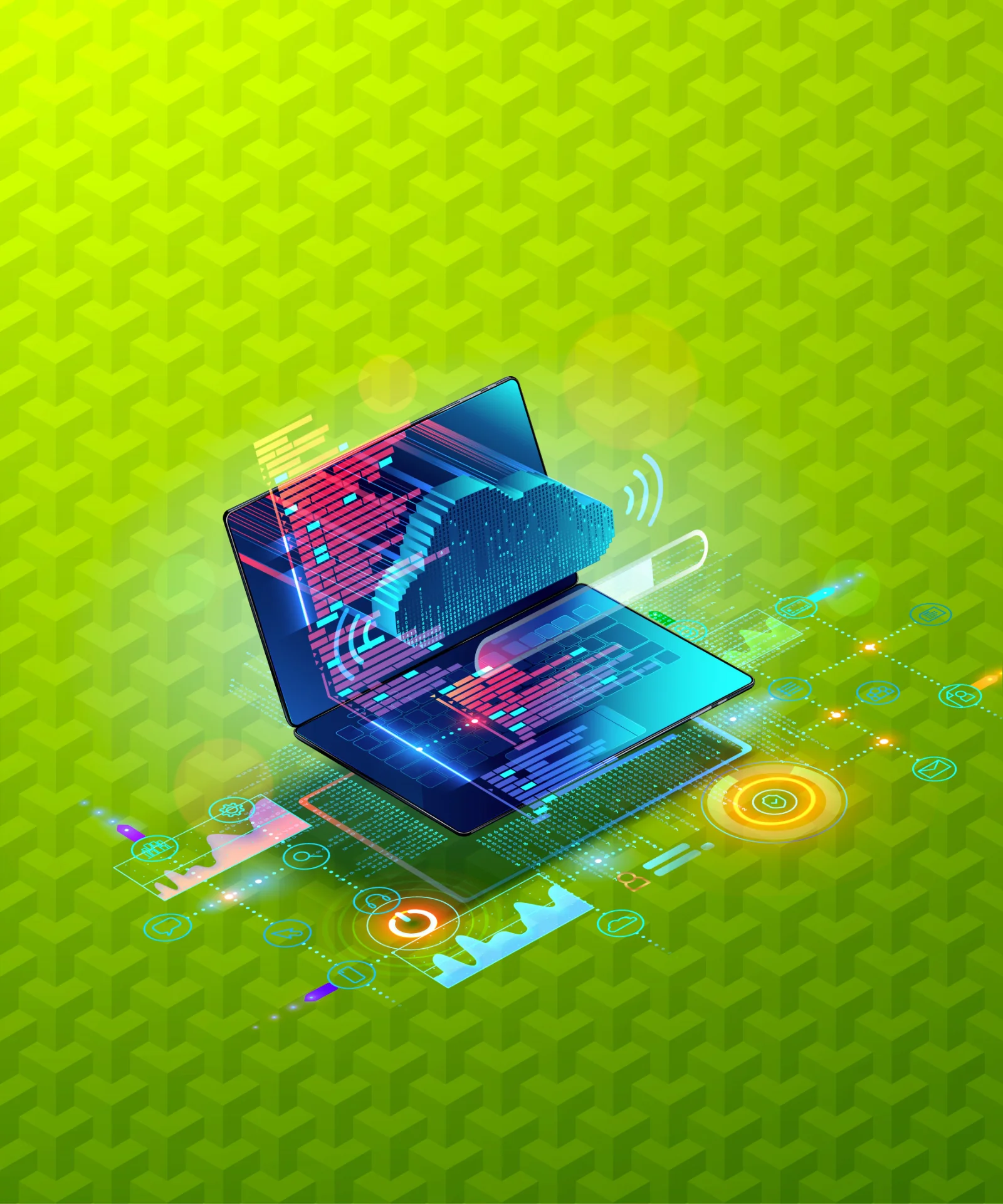 Illustration of a laptop with digital data and cloud graphics on a green geometric background.