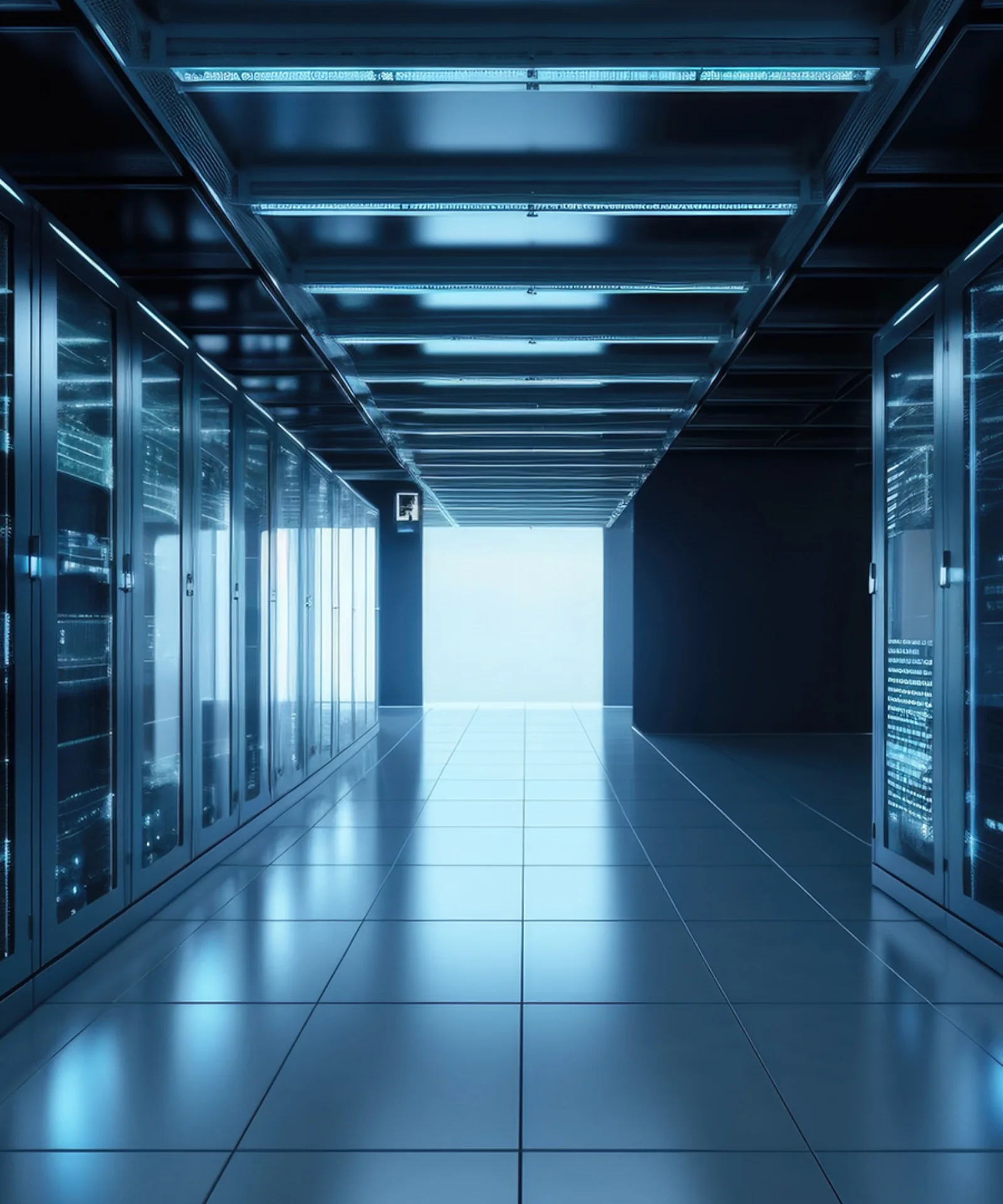 A sleek, high-tech data centre corridor with rows of illuminated server racks, showcasing the critical infrastructure for cloud computing and data storage.