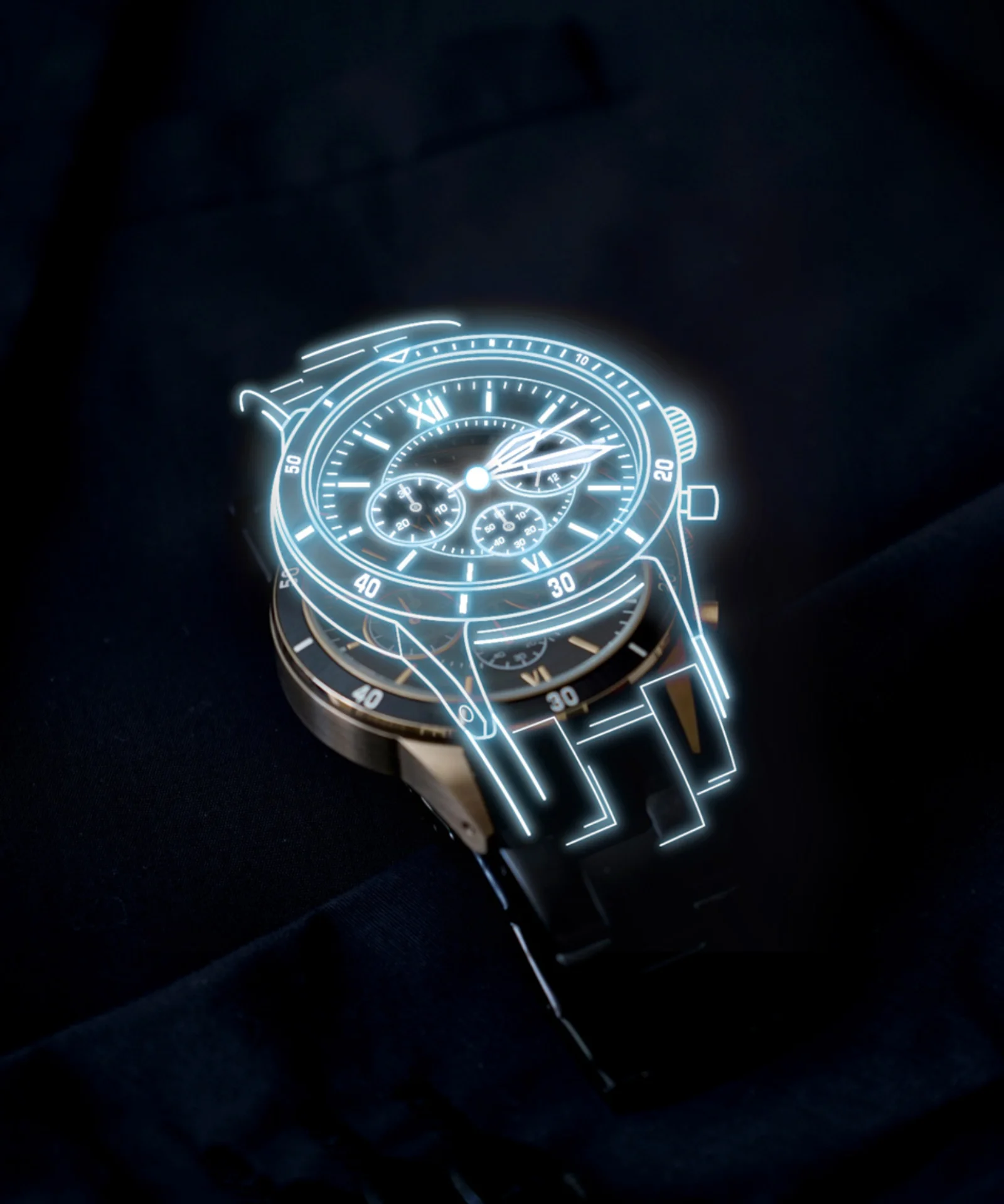 A close-up of a wristwatch with a glowing digital overlay, symbolising blockchain-based asset management technology.