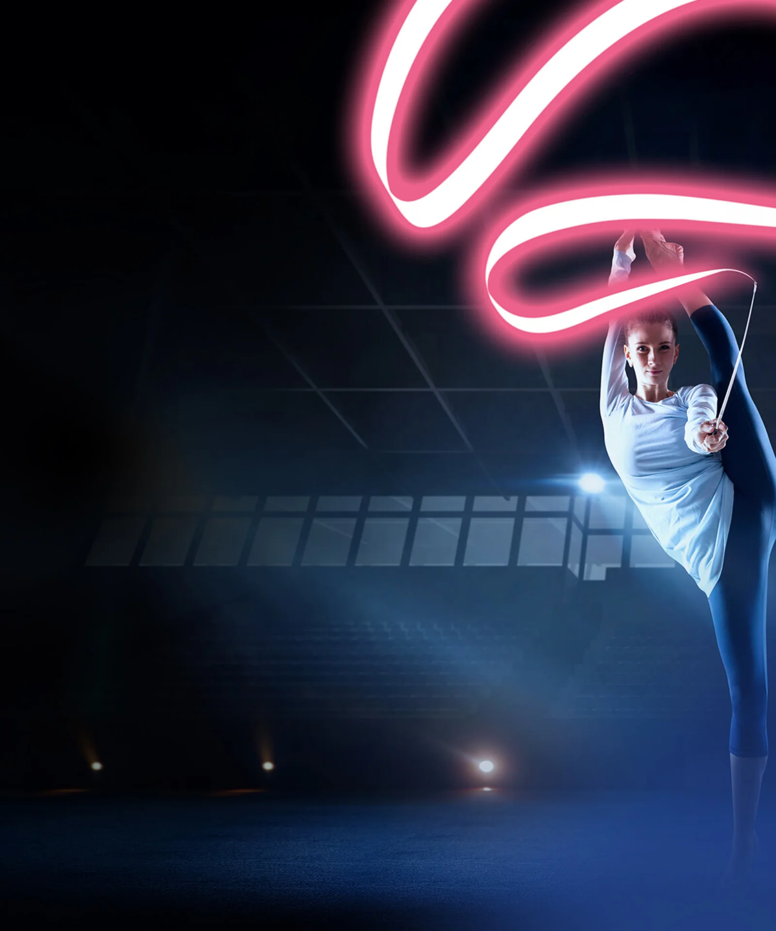 A woman executing a high kick with illuminated neon loops, symbolising agility and precision in a dark, futuristic setting.