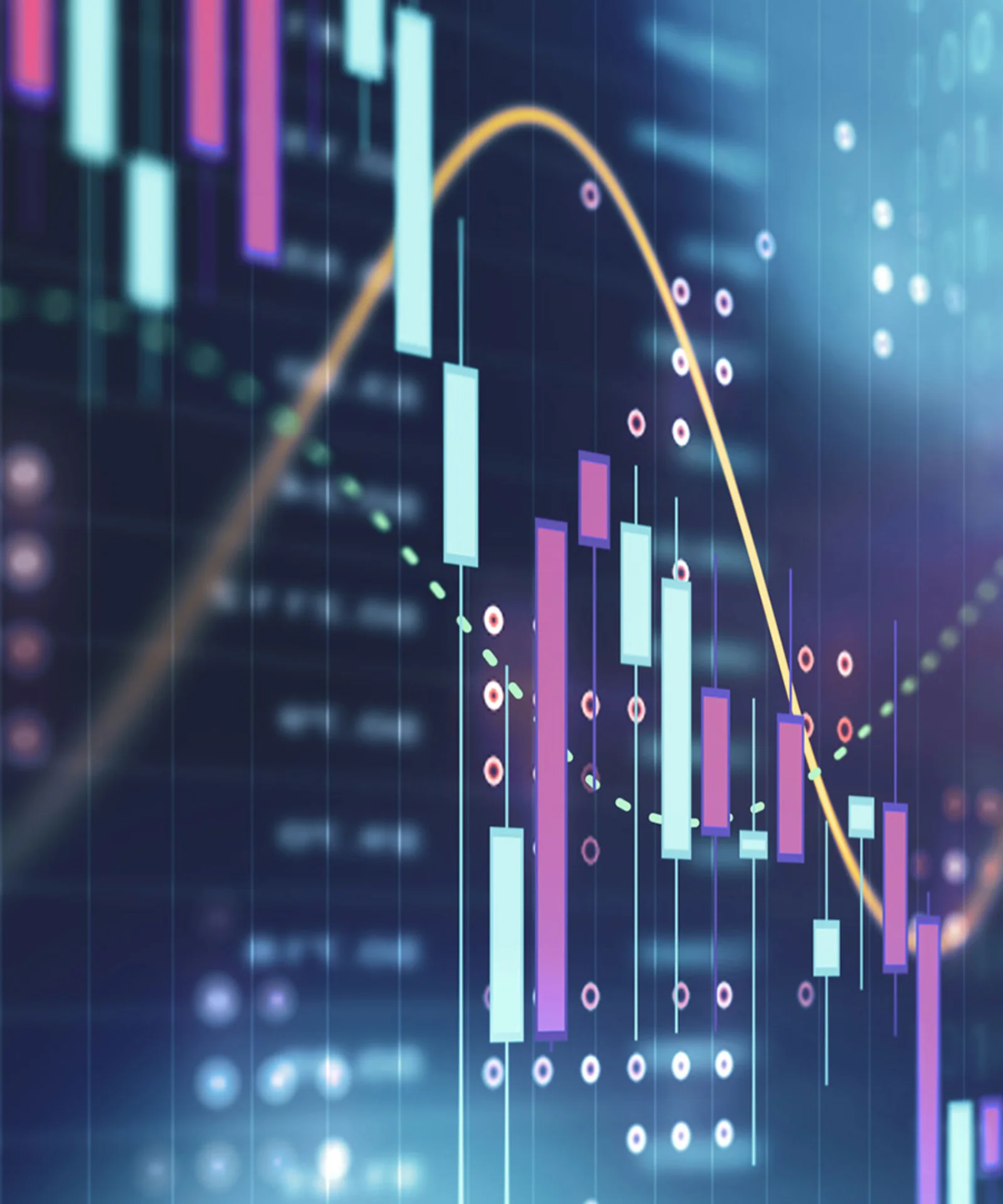 A dynamic financial chart with various data points and graphs, representing the transition to cloud-based solutions in investment firms.