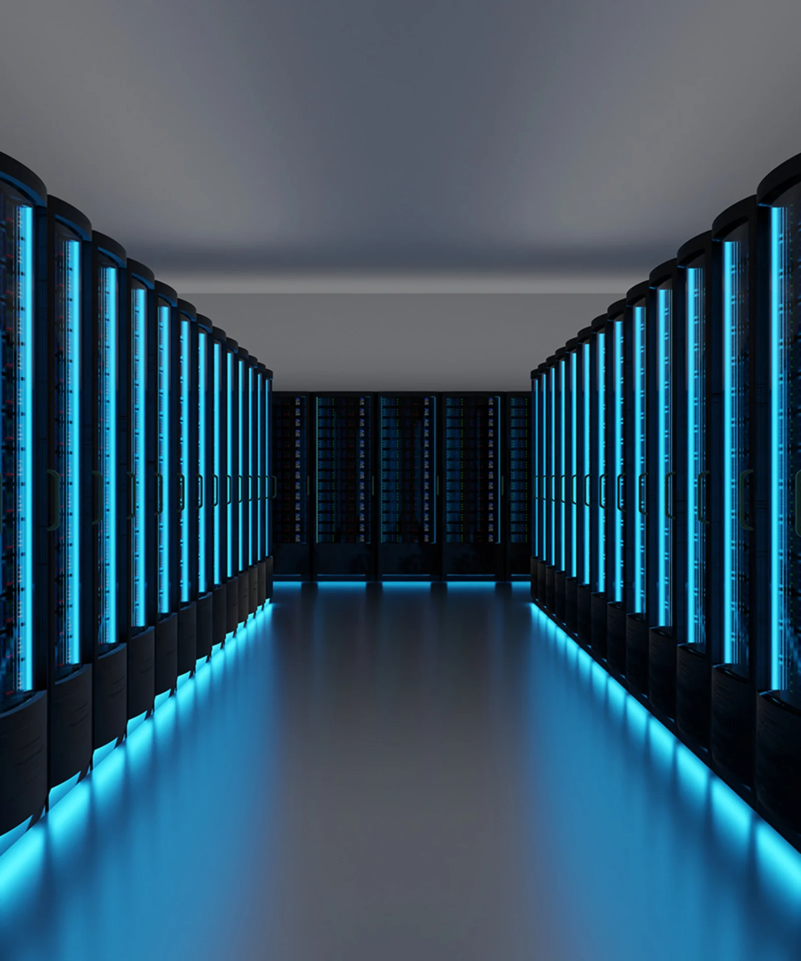 A futuristic data centre featuring rows of illuminated server racks, highlighting advanced data storage and processing capabilities.