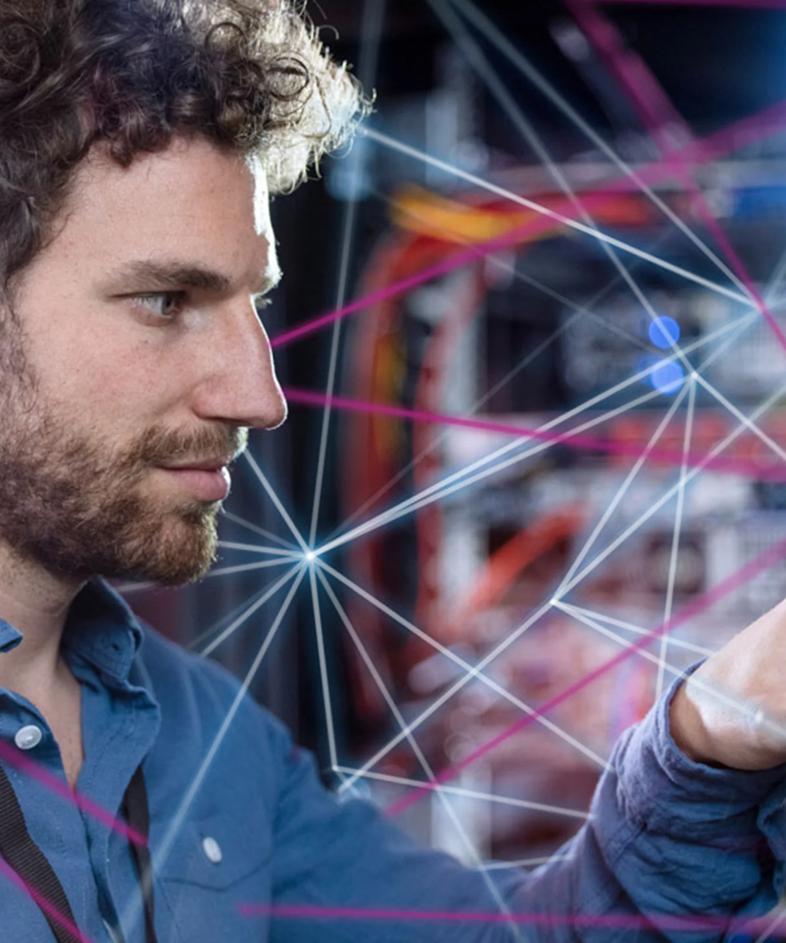 A focused engineer interacting with a digital interface, surrounded by abstract network lines, representing the future of cross-border payments and digital currencies.