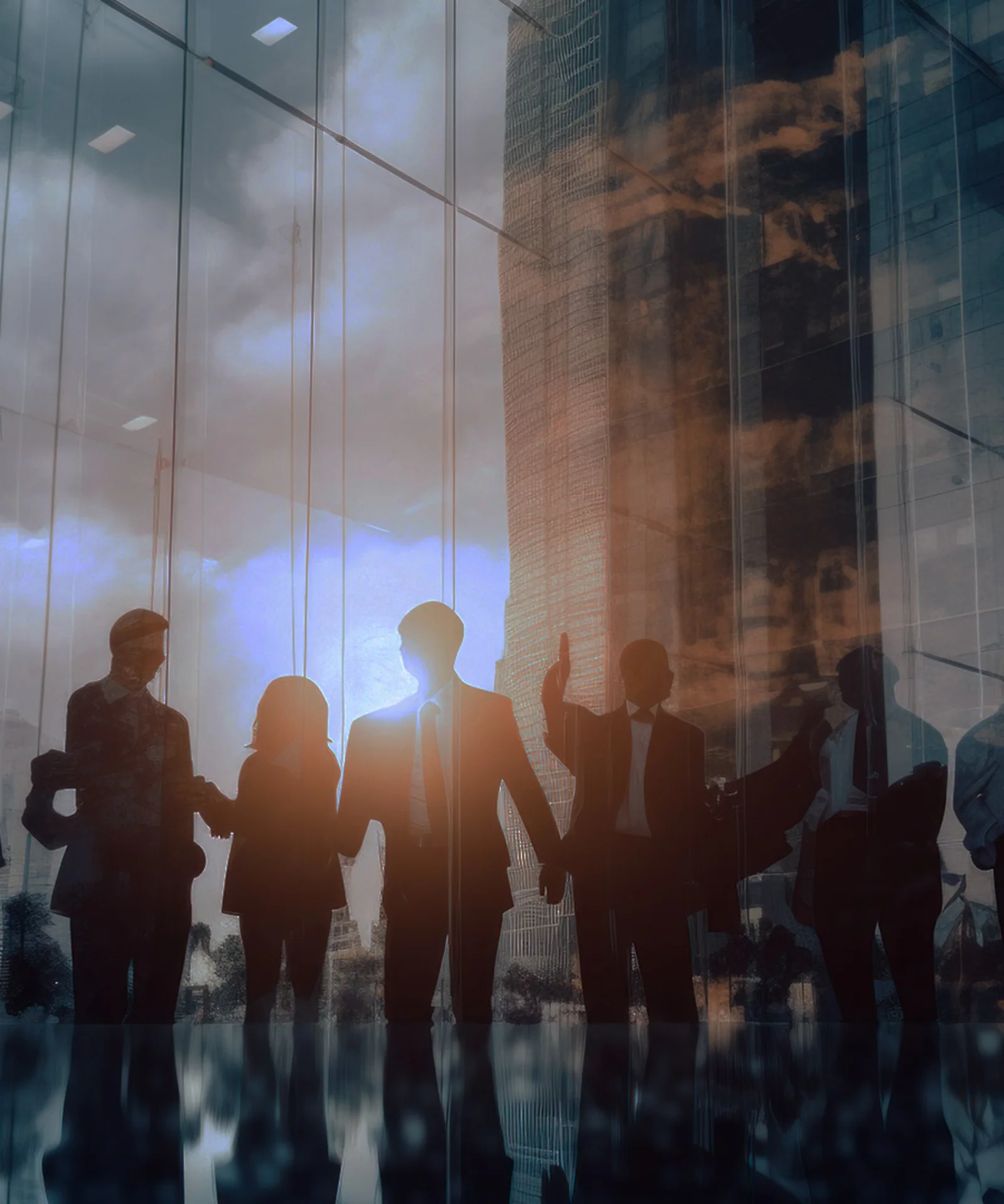 Silhouetted business professionals shaking hands and collaborating in a glass-walled office with a cityscape reflection at sunset.