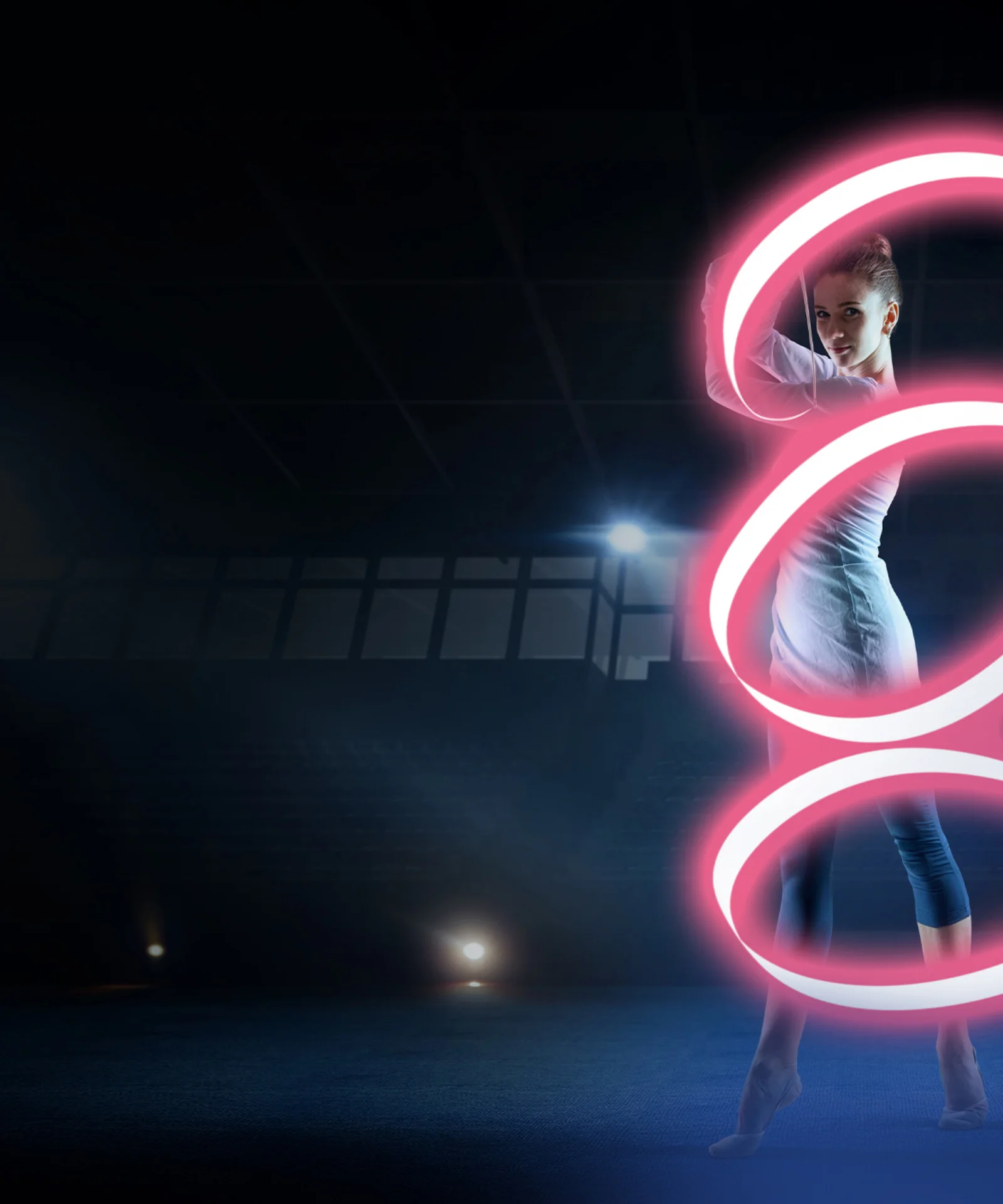 A woman performing a dynamic dance move with illuminated neon loops symbolising digital transformation in a dark, futuristic setting.