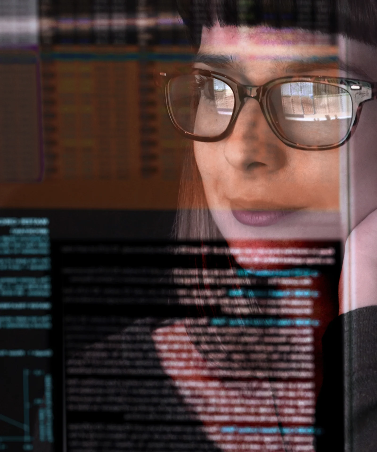 A woman wearing glasses intently looks at multiple programming screens with lines of code and data reflected in her glasses, representing software development and data analysis.