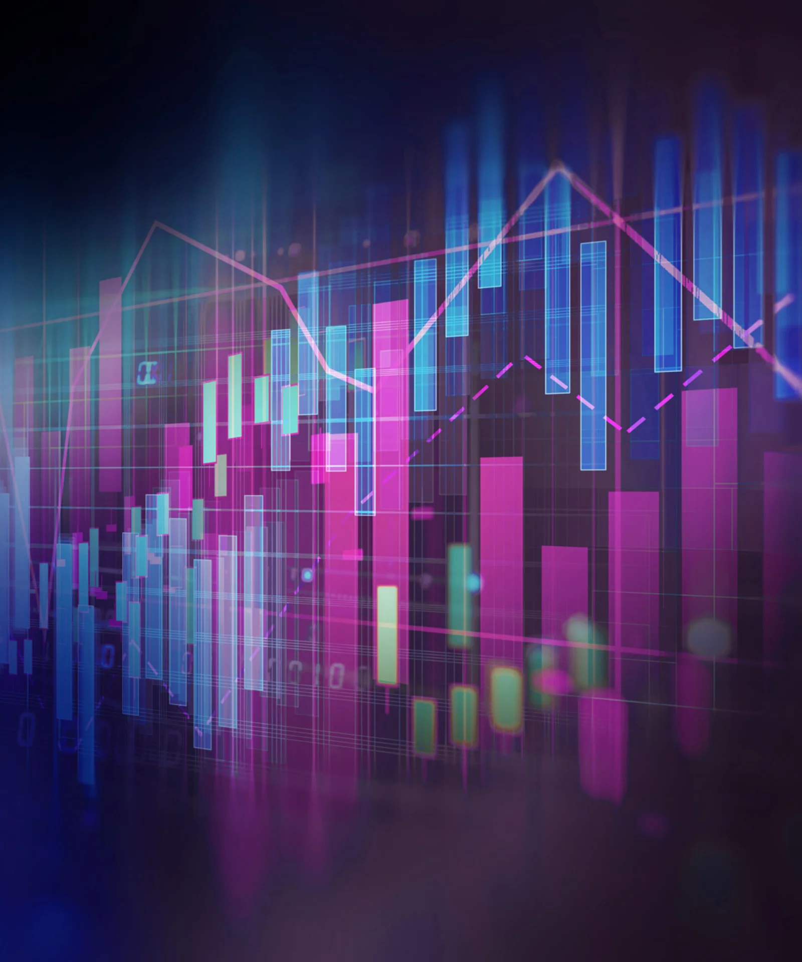 Uma visualização colorida e abstrata de gráficos de dados financeiros, representando a natureza dinâmica e inovadora das finanças NextGen.