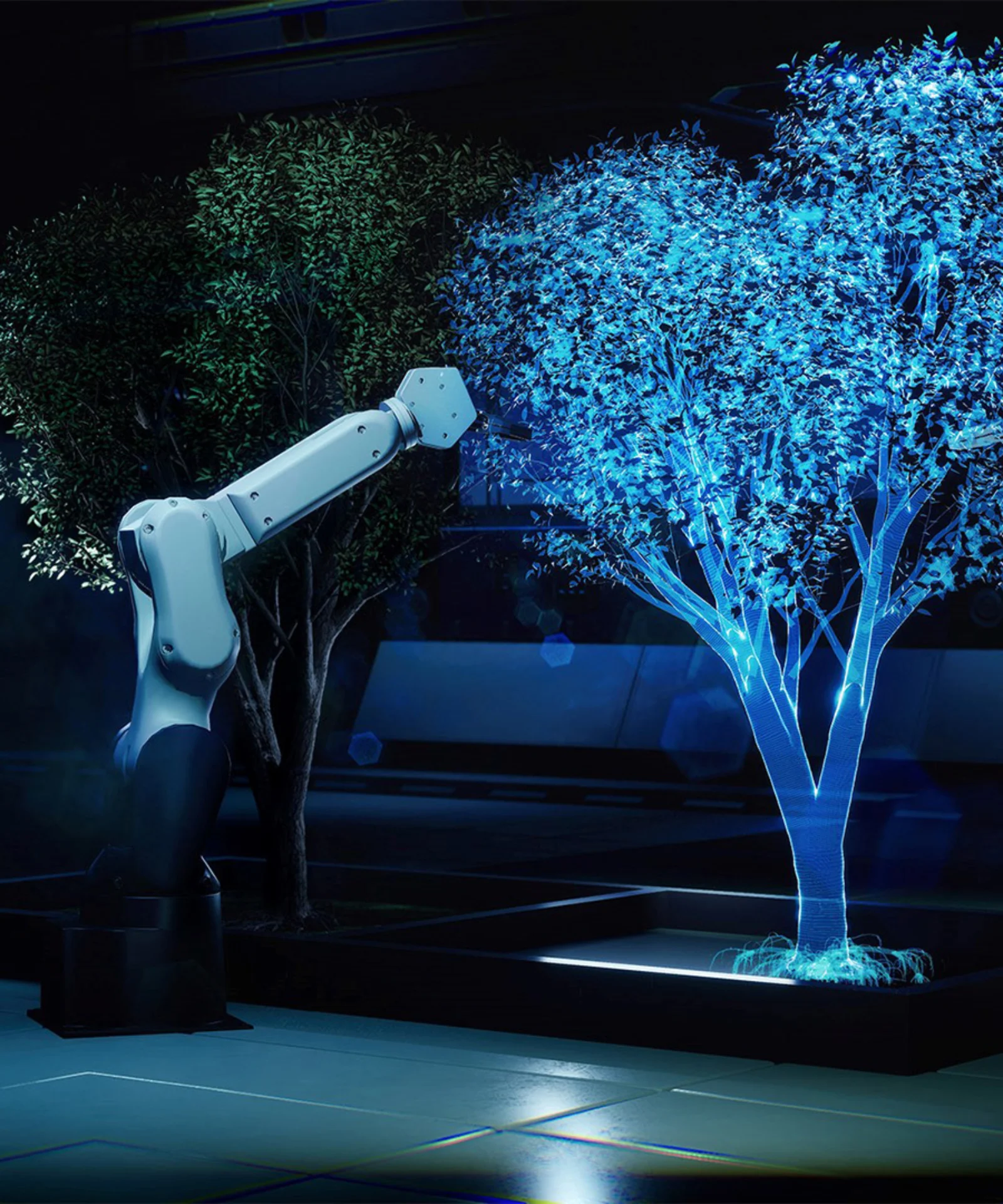 Robotic arms tending to a digital tree, symbolizing innovation and technology in the Sphinx Open project.