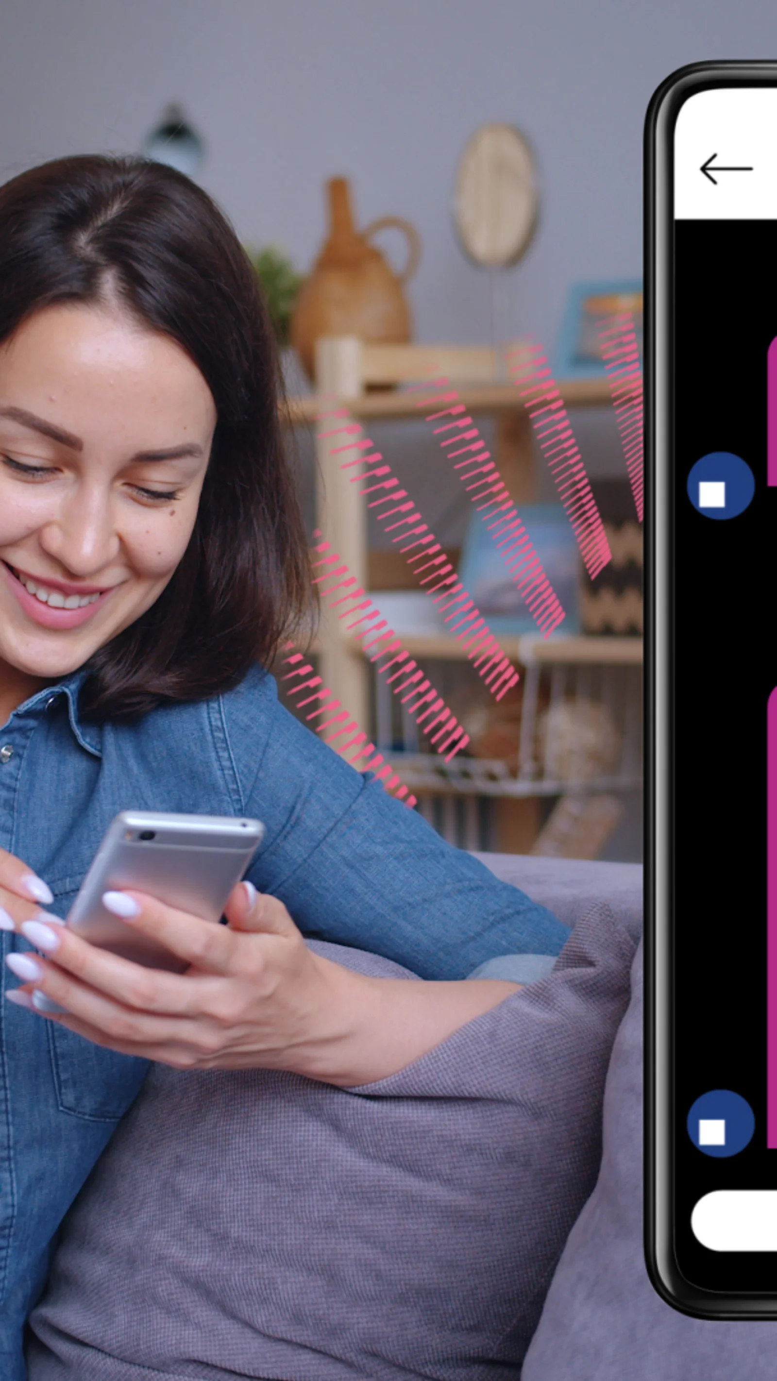 A smiling woman using a smartphone with a large mobile screen beside her showing a chat interface with GFT branding.