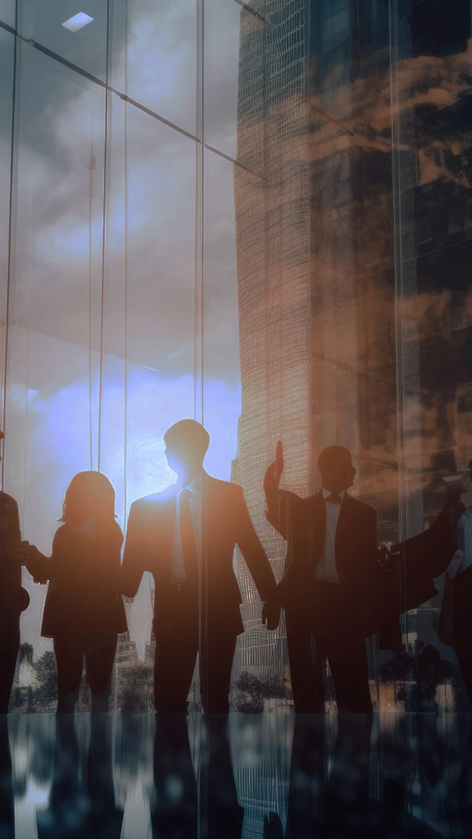 Silhouetted business professionals shaking hands and collaborating in a glass-walled office with a cityscape reflection at sunset.