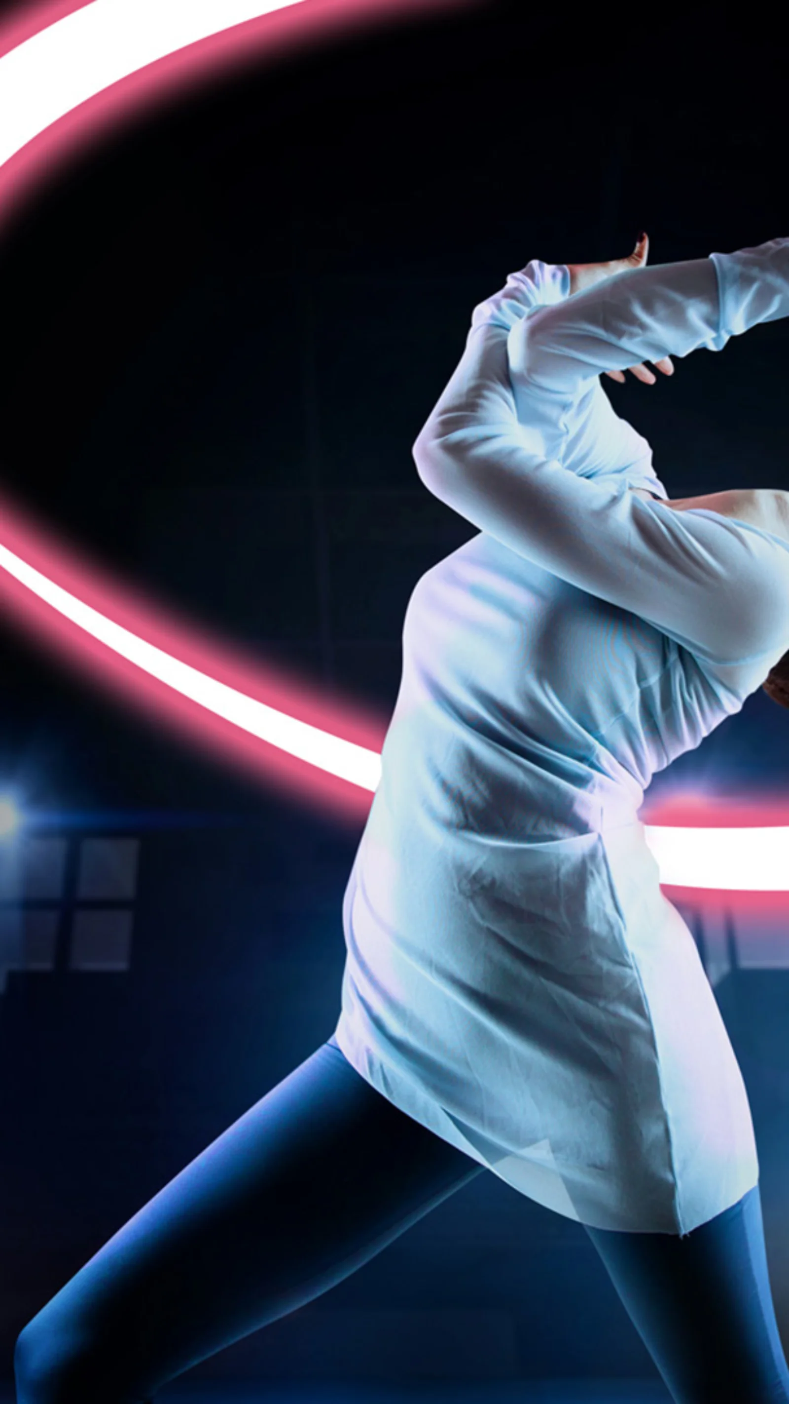 A female fencer in a white fencing uniform strikes a dramatic pose, bending backward while holding her sword. A vibrant pink neon light trail arcs behind her, enhancing the dynamic and energetic atmosphere of the scene.