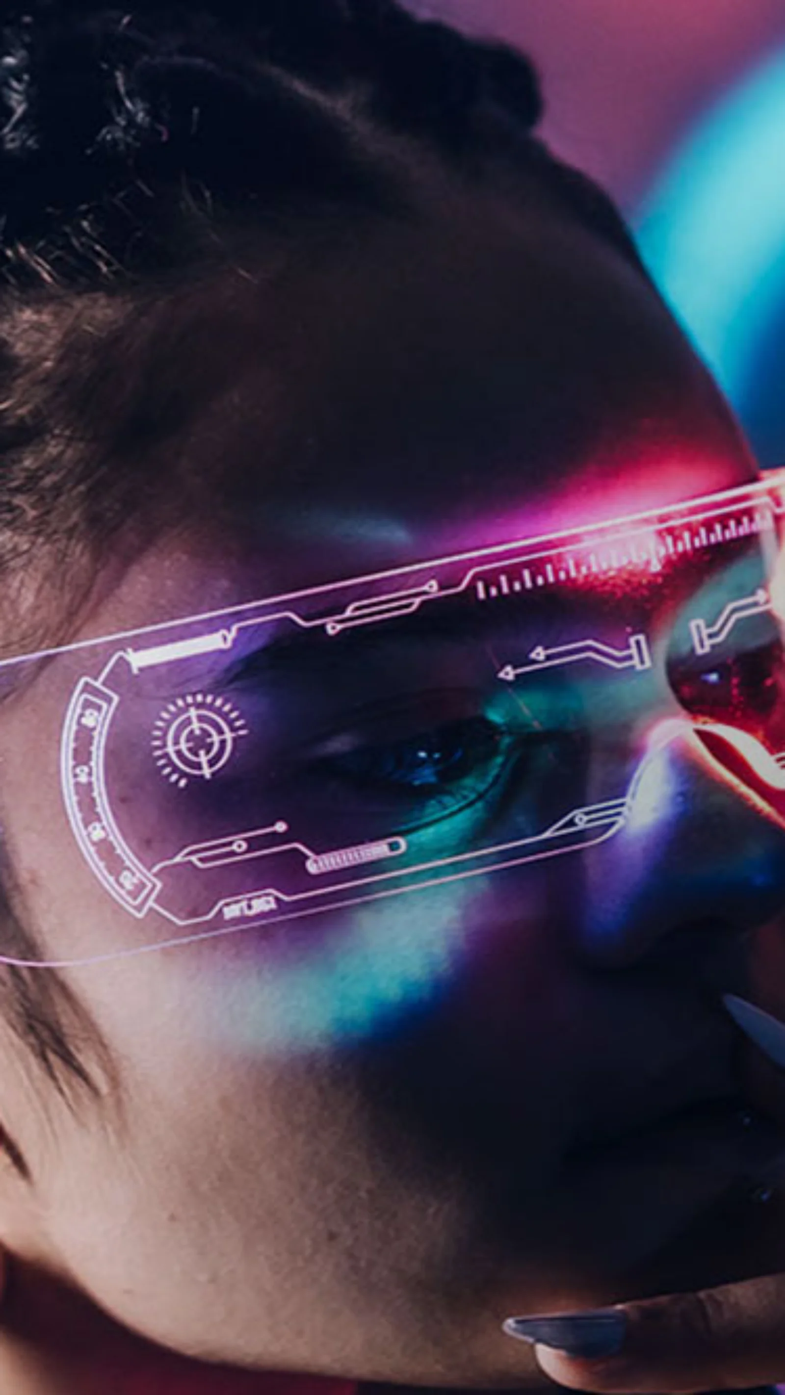 Close-up of a person wearing augmented reality glasses, immersed in a colorful, futuristic digital environment.