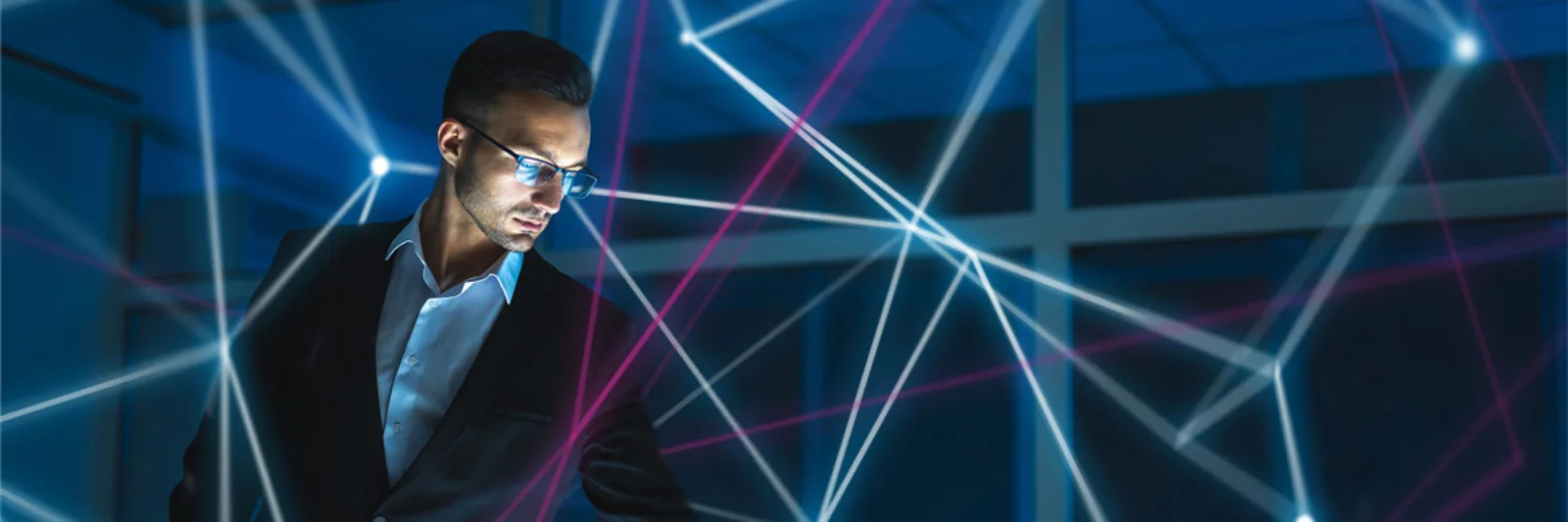 A man in a business suit interacting with a digital interface surrounded by abstract network lines, symbolising the exploration and management of cryptocurrency.