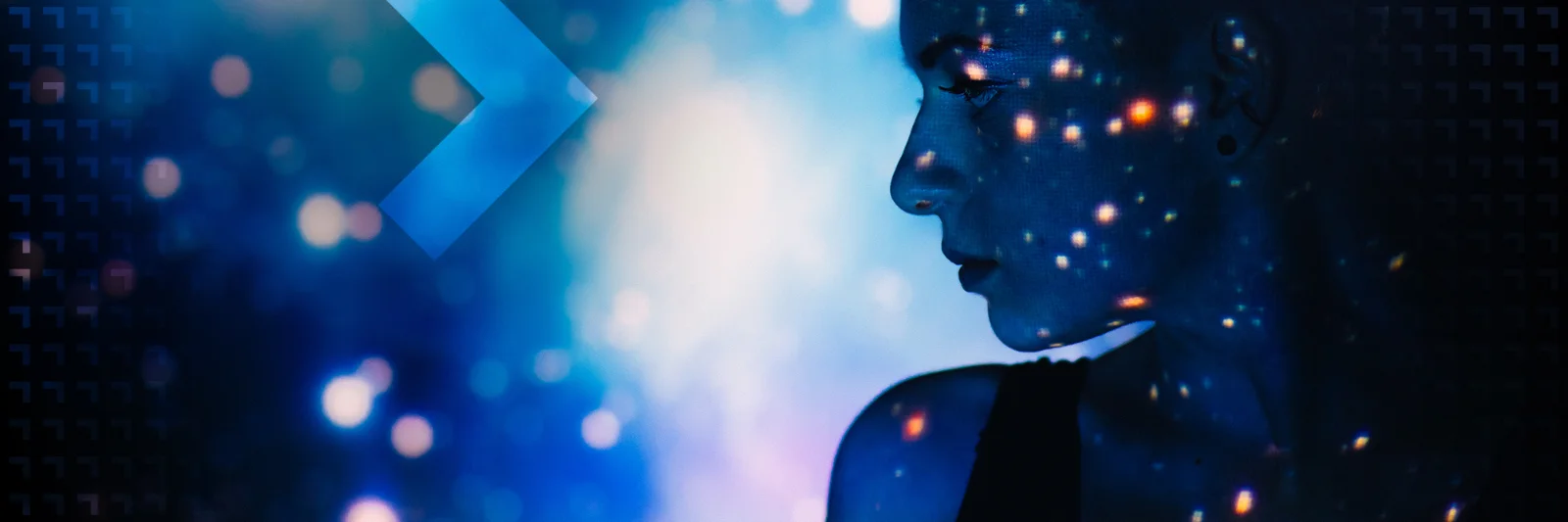 Silhouette of a woman with digital lights projected on her face, set against a vibrant, futuristic background.