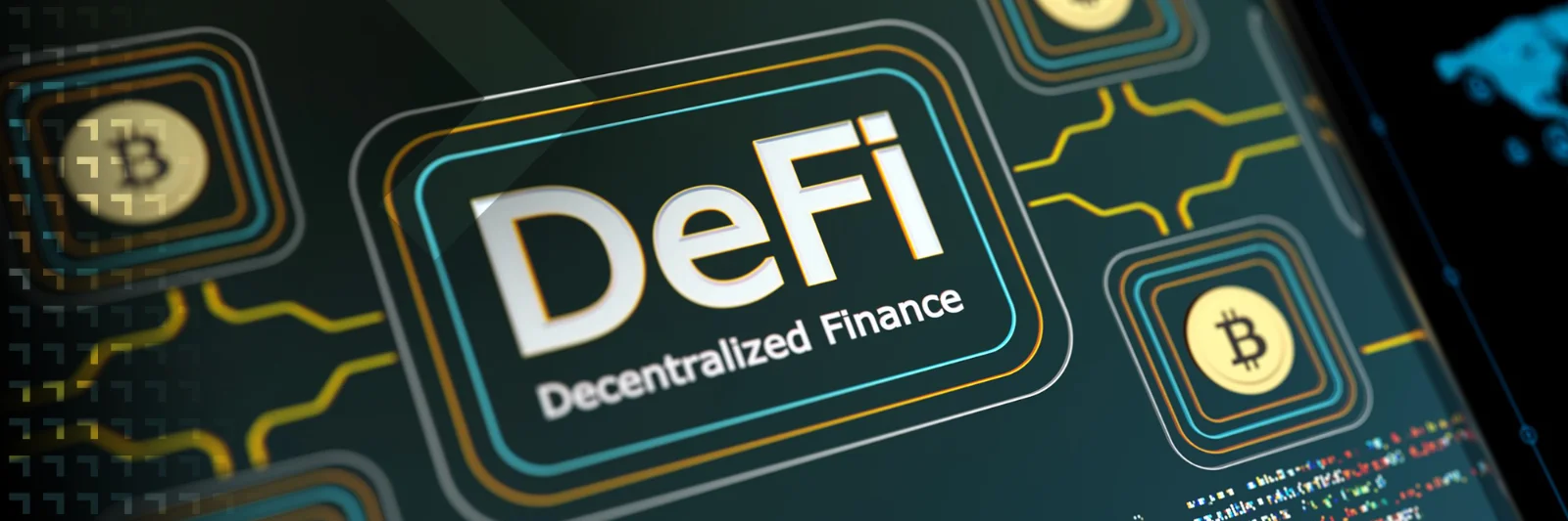 Close-up of a digital interface displaying the word &quot;DeFi&quot; (Decentralized Finance) along with Bitcoin symbols, highlighting the concept of decentralized finance in a technological context.