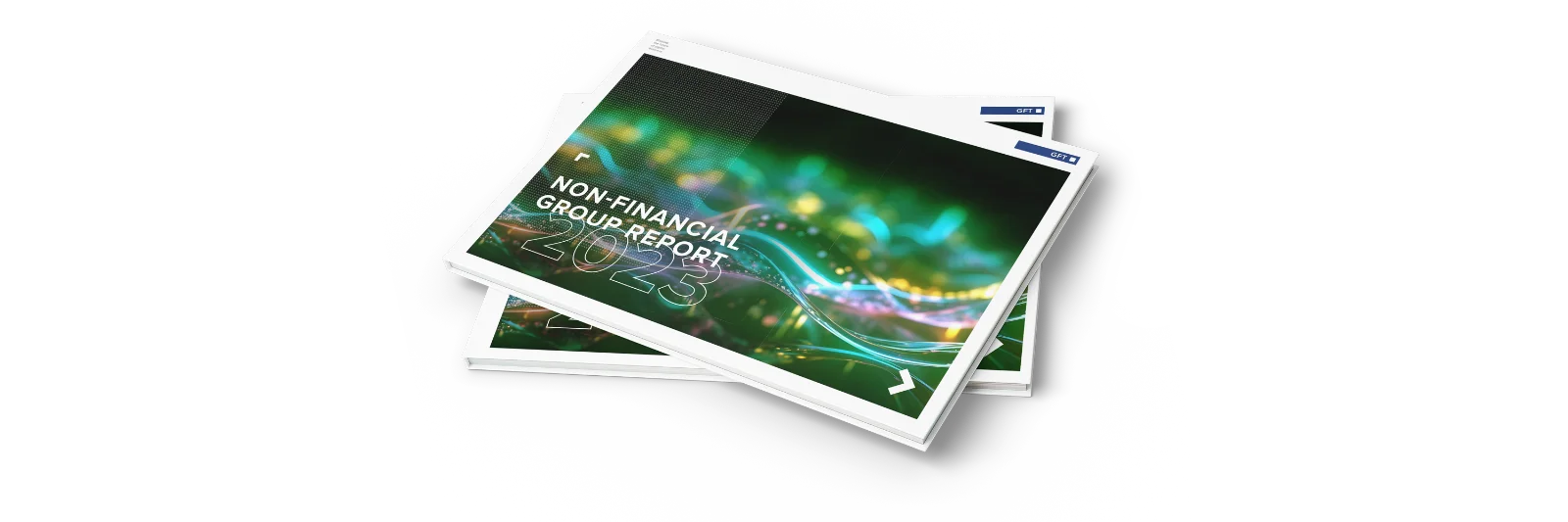 A mockup of the GFT Non-Financial Group Report 2023, showcasing the cover design with vibrant colors and modern graphics, symbolizing transparency and commitment to sustainability.