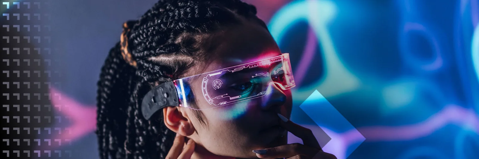 Close-up of a person wearing augmented reality glasses, immersed in a colorful, futuristic digital environment.