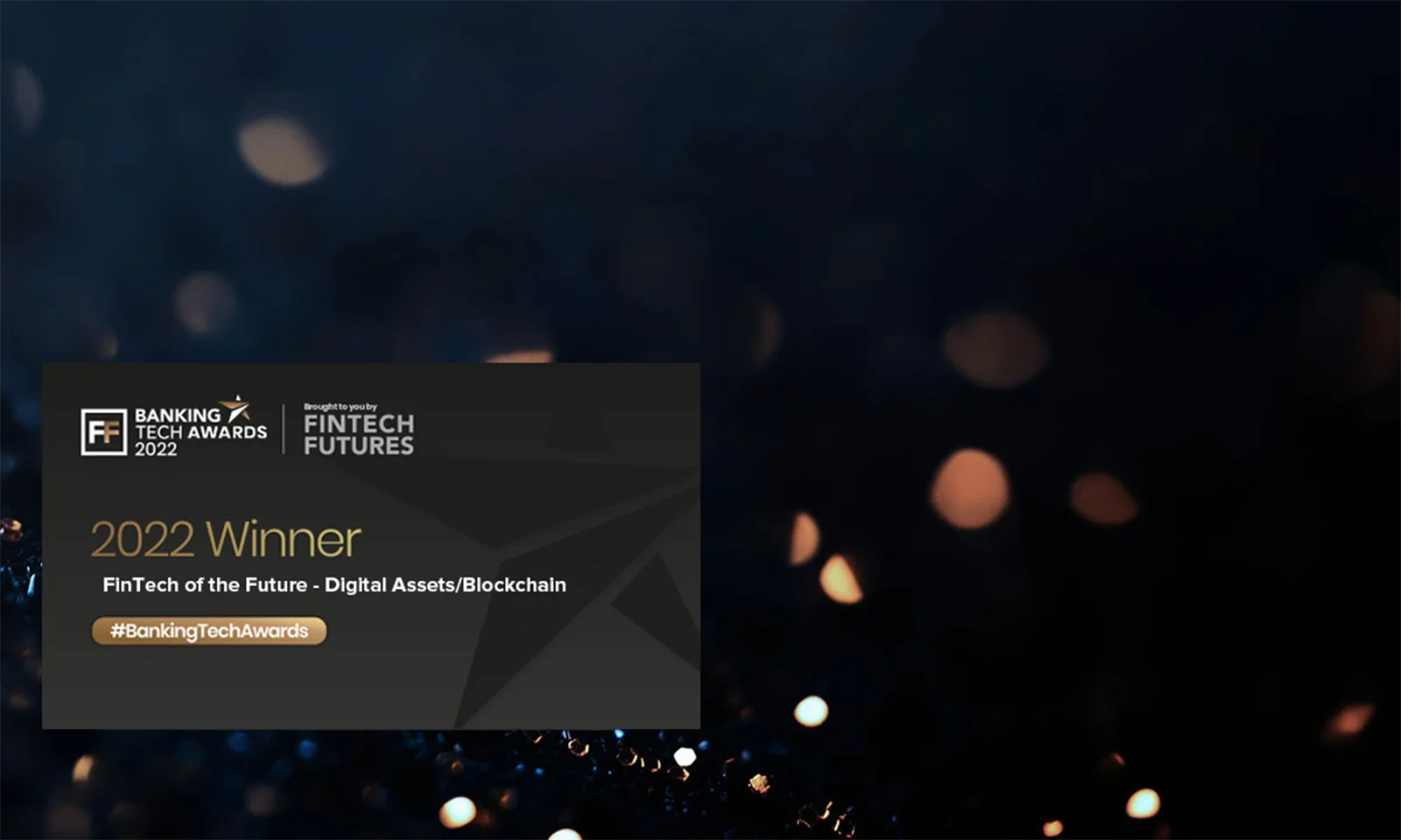 Image showing GFT as the 2022 Winner of the FinTech of the Future - Digital Assets/Blockchain category at the Banking Tech Awards. The design features a dark background with golden highlights and the #BankingTechAwards hashtag.