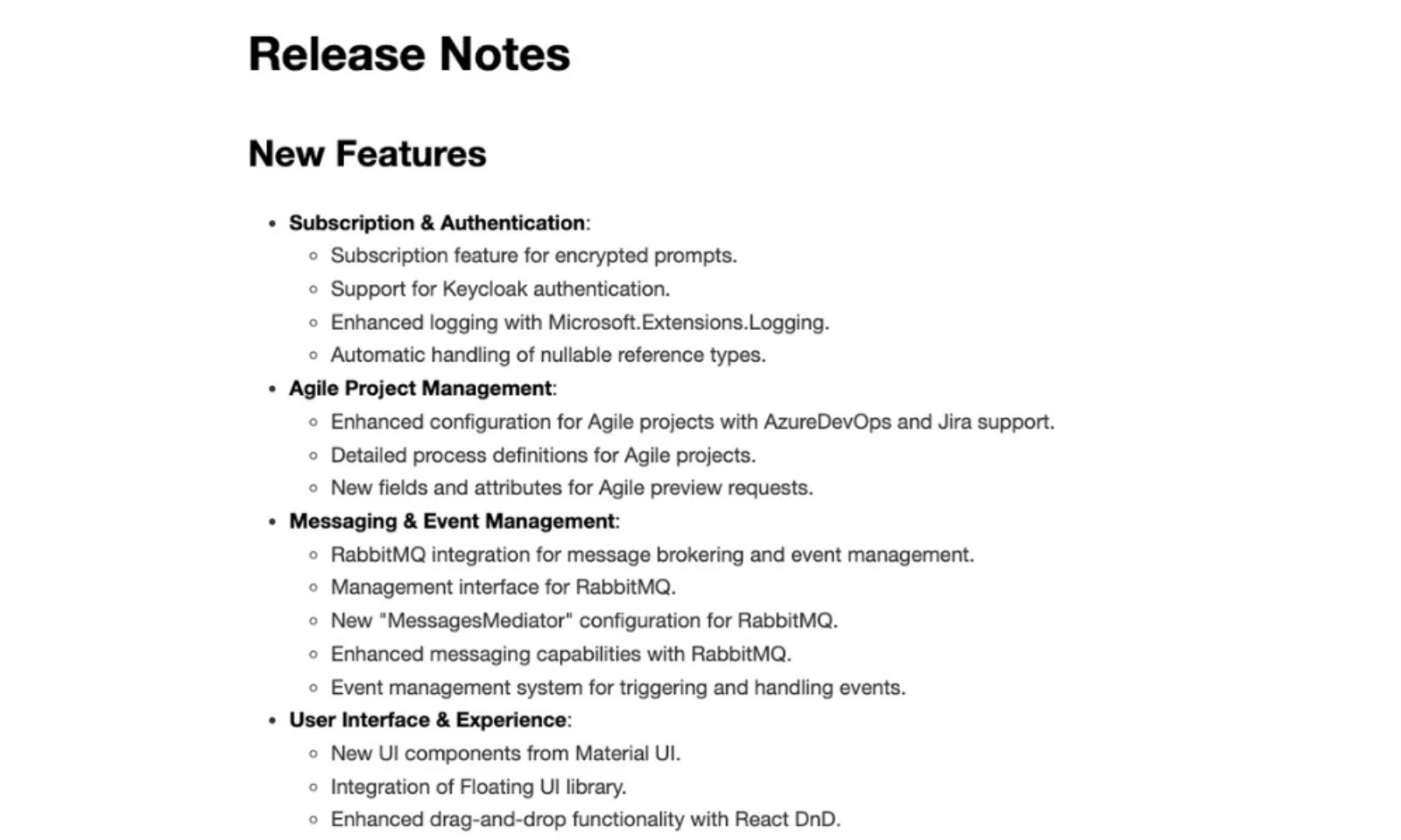 Release Notes erstellt mit AI Impact bestehend aus vier Oberkategorien mit jeweils mehreren Unterkategorien.