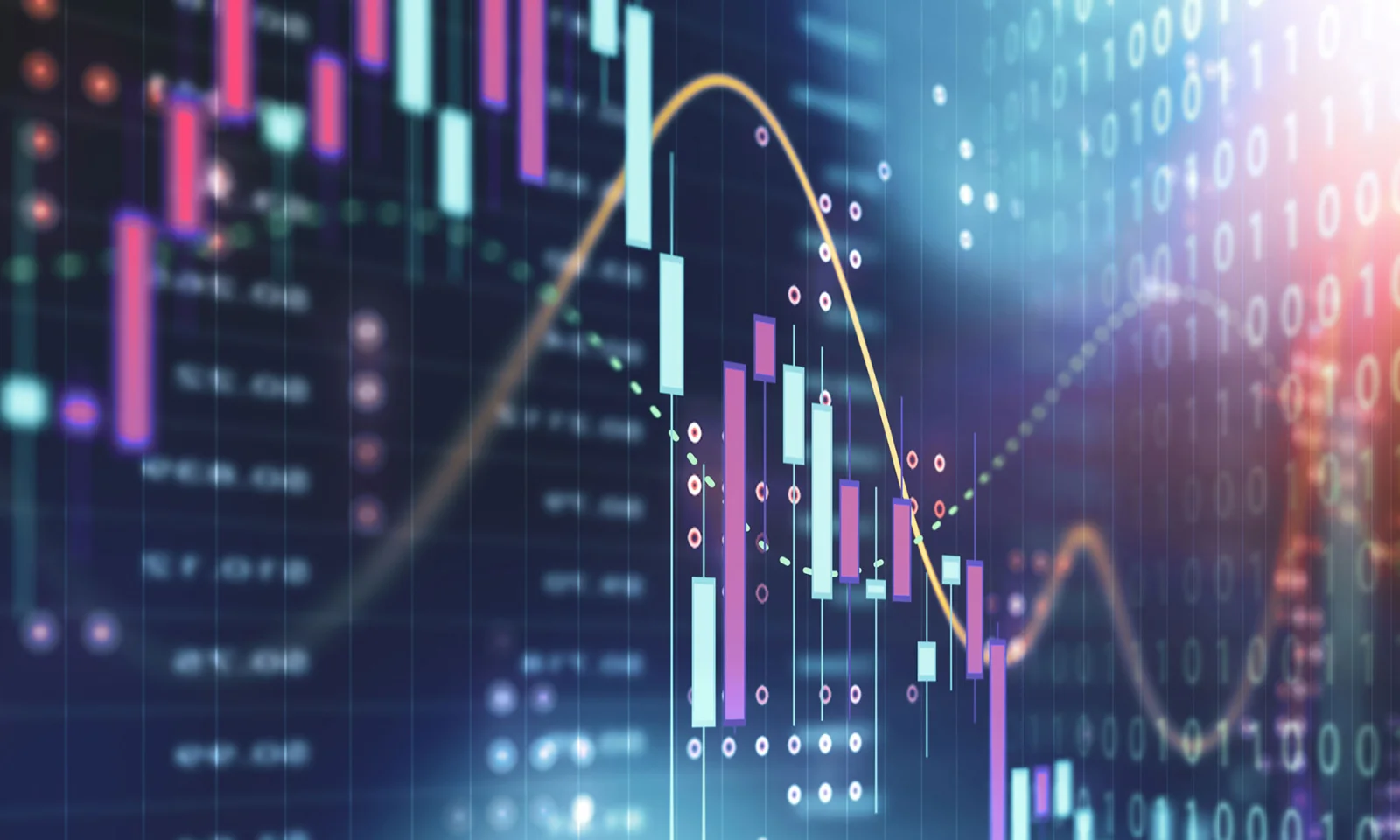 A dynamic financial chart with various data points and graphs, representing the transition to cloud-based solutions in investment firms.