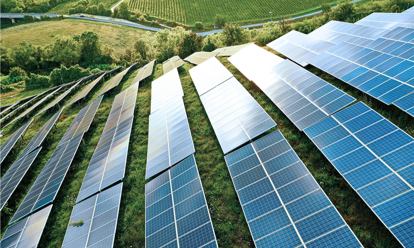 An expansive array of solar panels on a green hillside, highlighting renewable energy and efficient energy management.