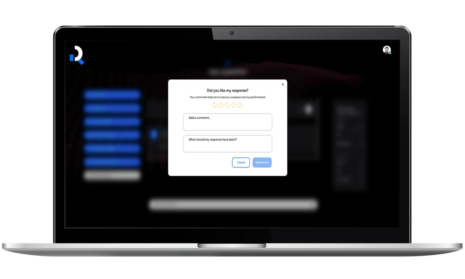 Screenshot of the response evaluation window where users can rate and provide feedback on the RAG assistant&#039;s performance in real-time, improving its efficiency and accuracy