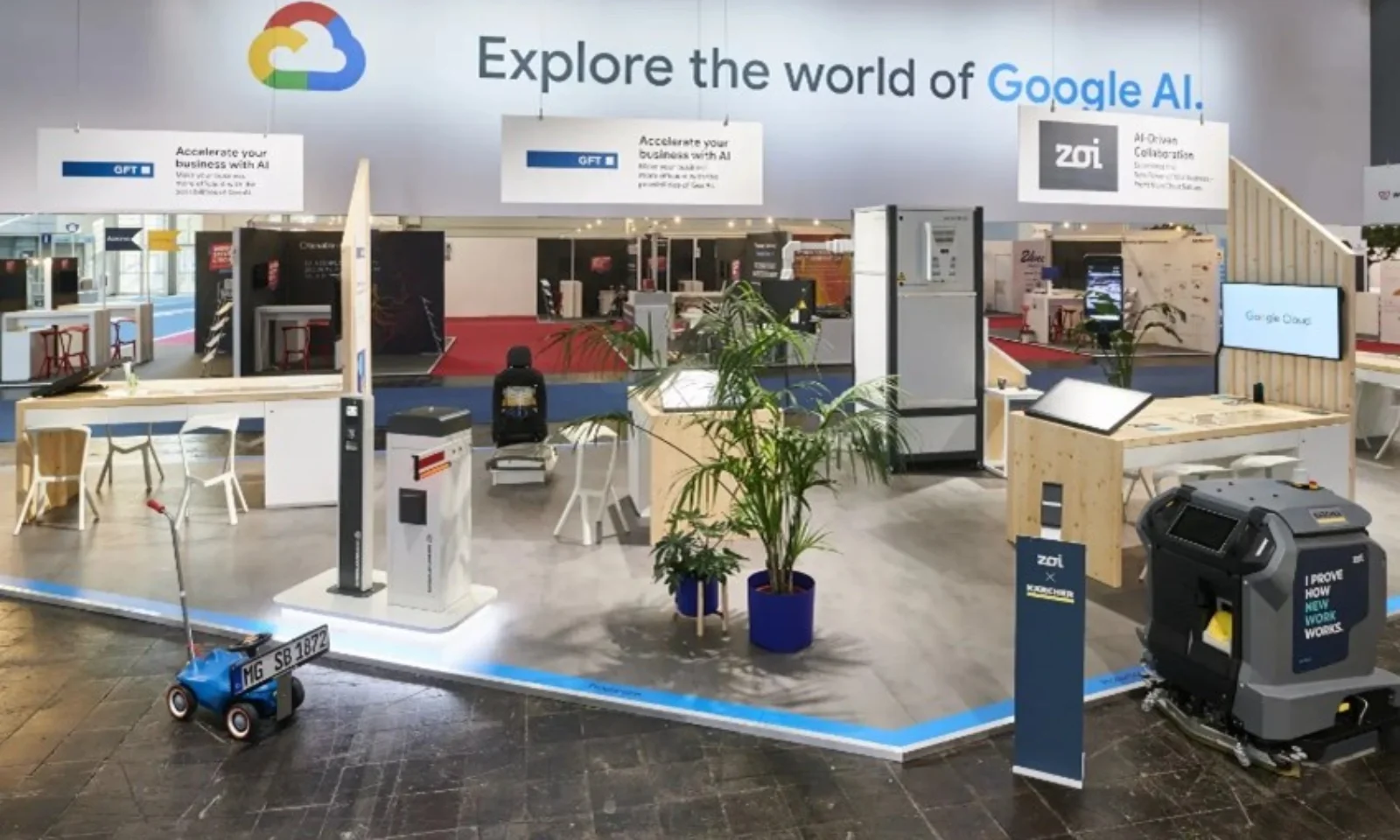 Der Ausstellungsstand von GFT Technologies auf der Hannover Messe, der unter dem Motto „Explore the world of Google AI“ steht und verschiedene AI-Lösungen und Technologien präsentiert.