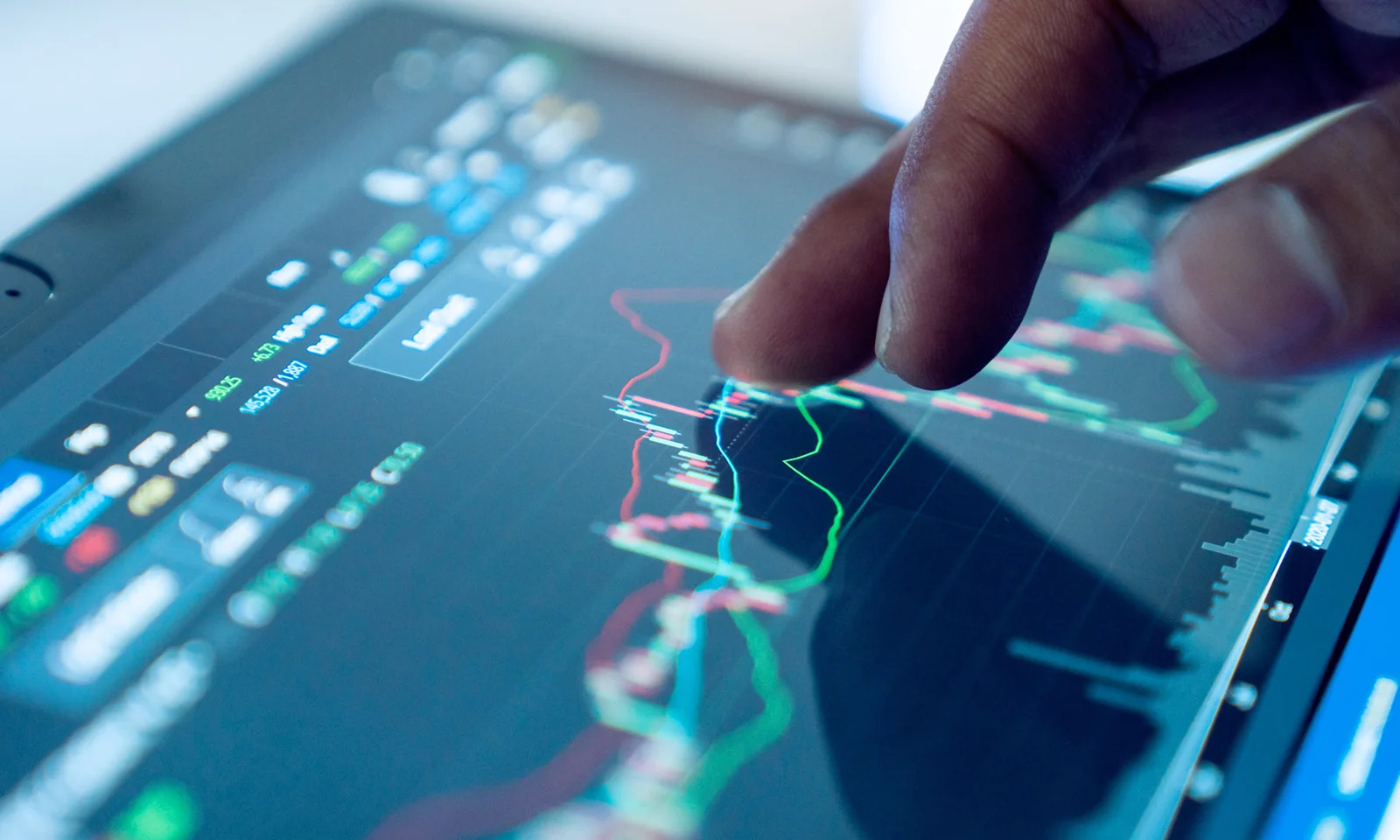 Close-up of a hand interacting with a touchscreen displaying financial graphs and data charts.