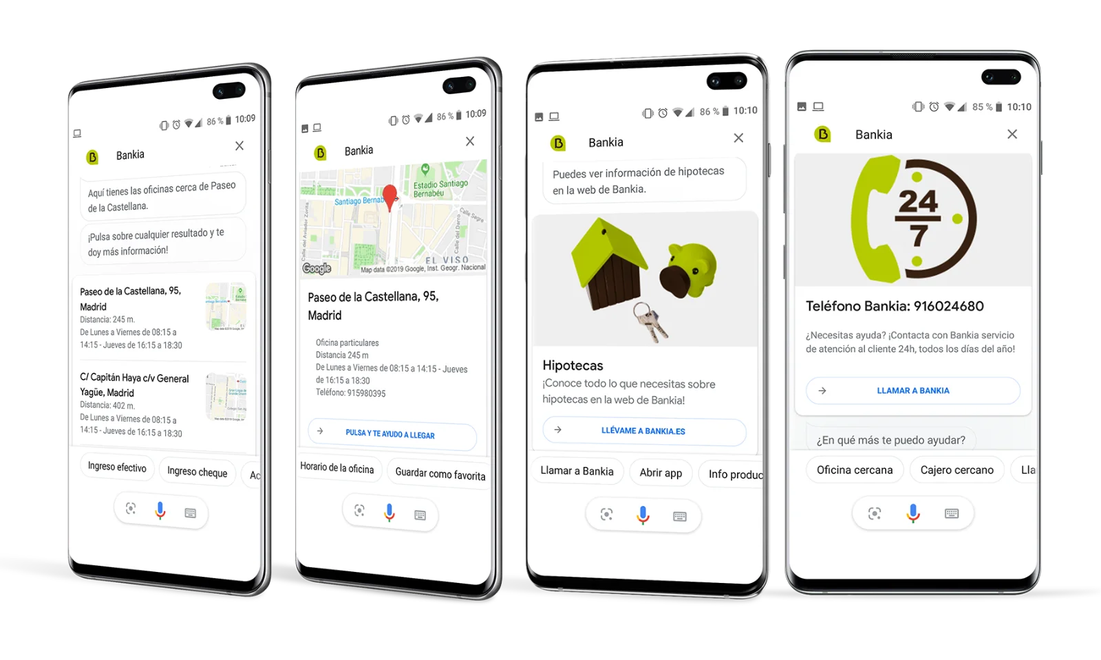 Uma série de quatro telas de celular exibindo o assistente virtual Bankia integrado ao Google, fornecendo informações sobre localizações de bancos, detalhes de hipotecas e contato de atendimento ao cliente.