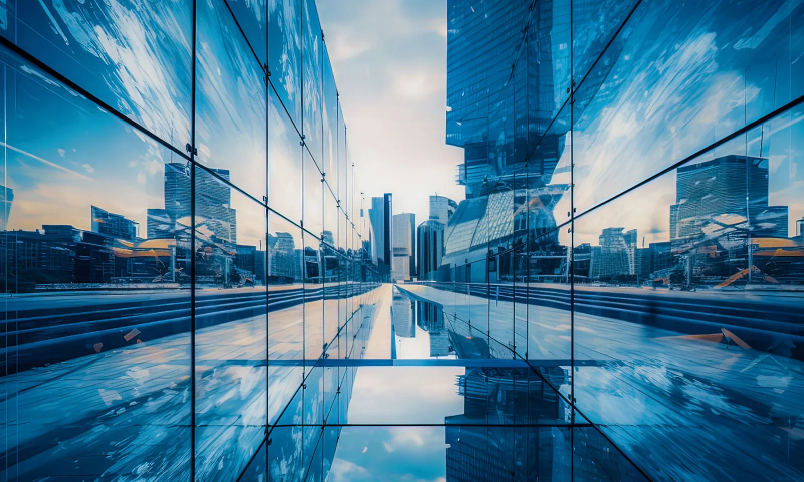 Un paisaje urbano futurista reflejado en la fachada de cristal de un edificio moderno, ilustrando la innovación y el desarrollo urbano.