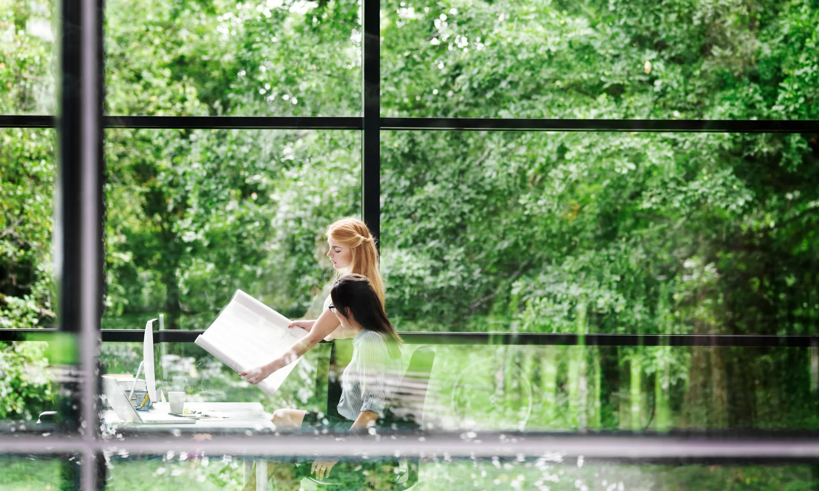 Two professionals are working in a modern, bright office with large windows showcasing lush green trees outside, symbolizing environmentally conscious and sustainable coding practices.