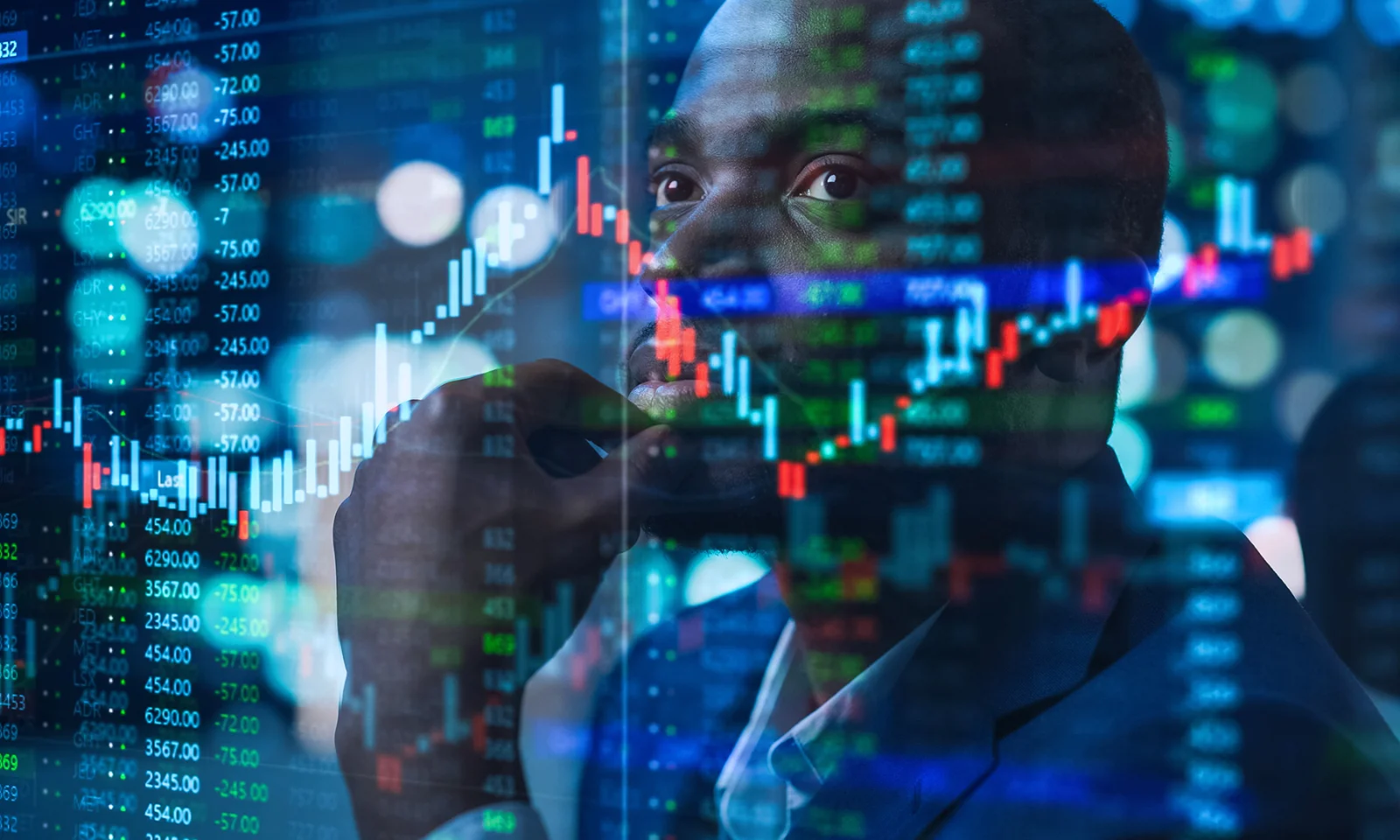 A contemplative person overlaid with financial data charts and graphs, symbolizing the analysis of key performance measures.