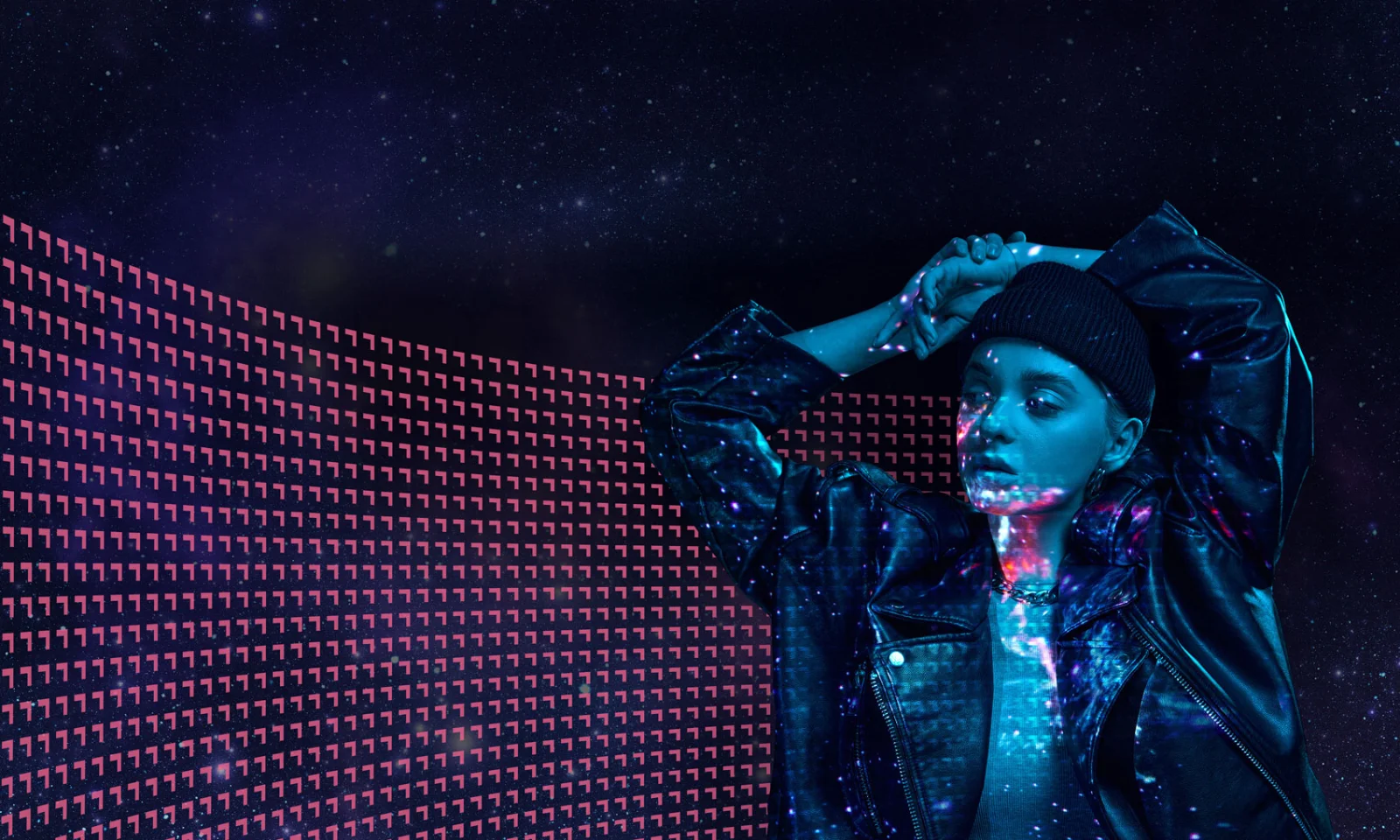 A person in a leather jacket and beanie hat, with a holographic overlay of digital patterns and star-like lights projected on their face and body. The background features a dark, starry sky with a wave of pink digital arrows, symbolizing data flow and technological integration.