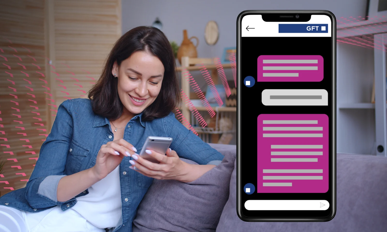 A smiling woman using a smartphone with a large mobile screen beside her showing a chat interface with GFT branding.