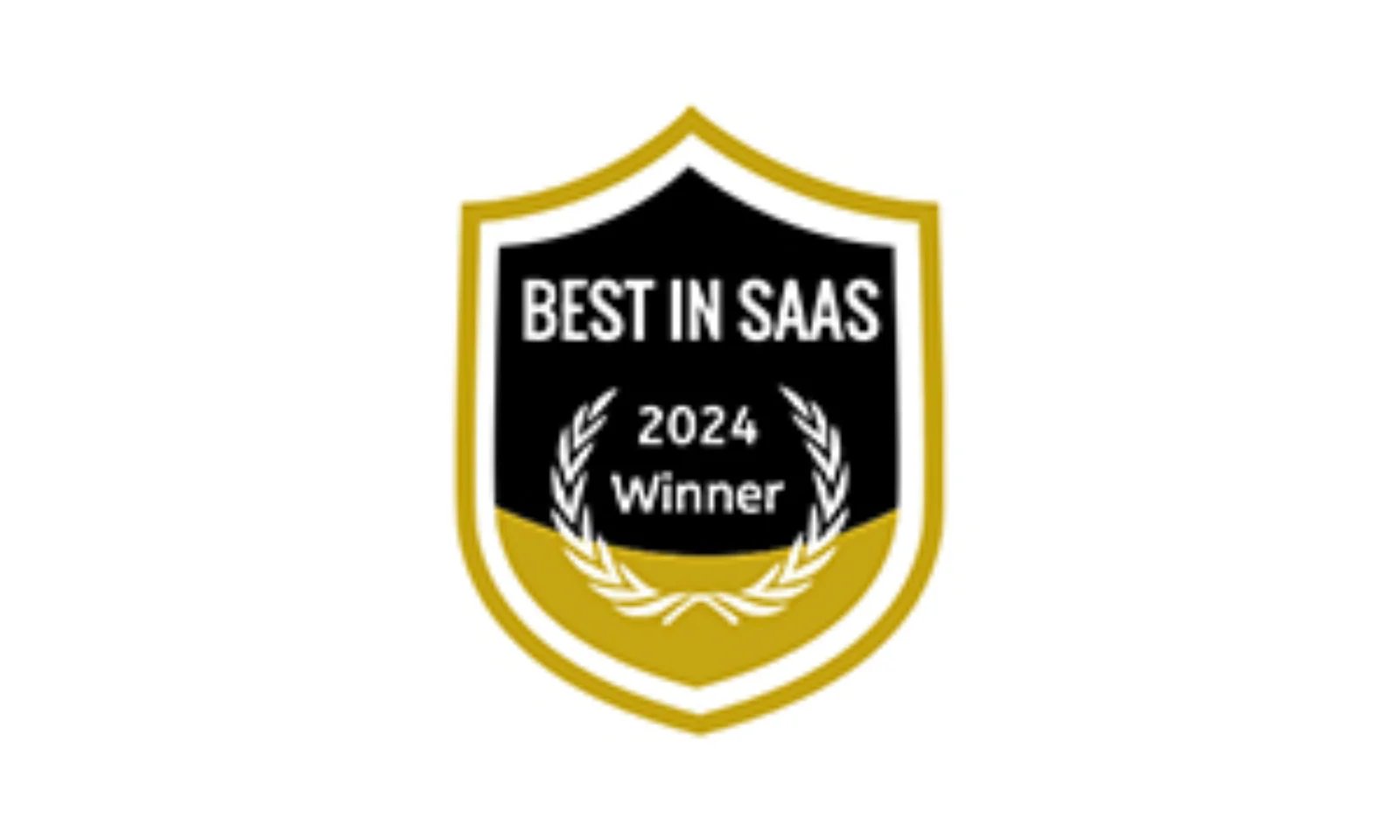 Image of the Best in SaaS 2024 Winner badge, featuring a shield design in black, gold, and white, with a laurel wreath surrounding the text.