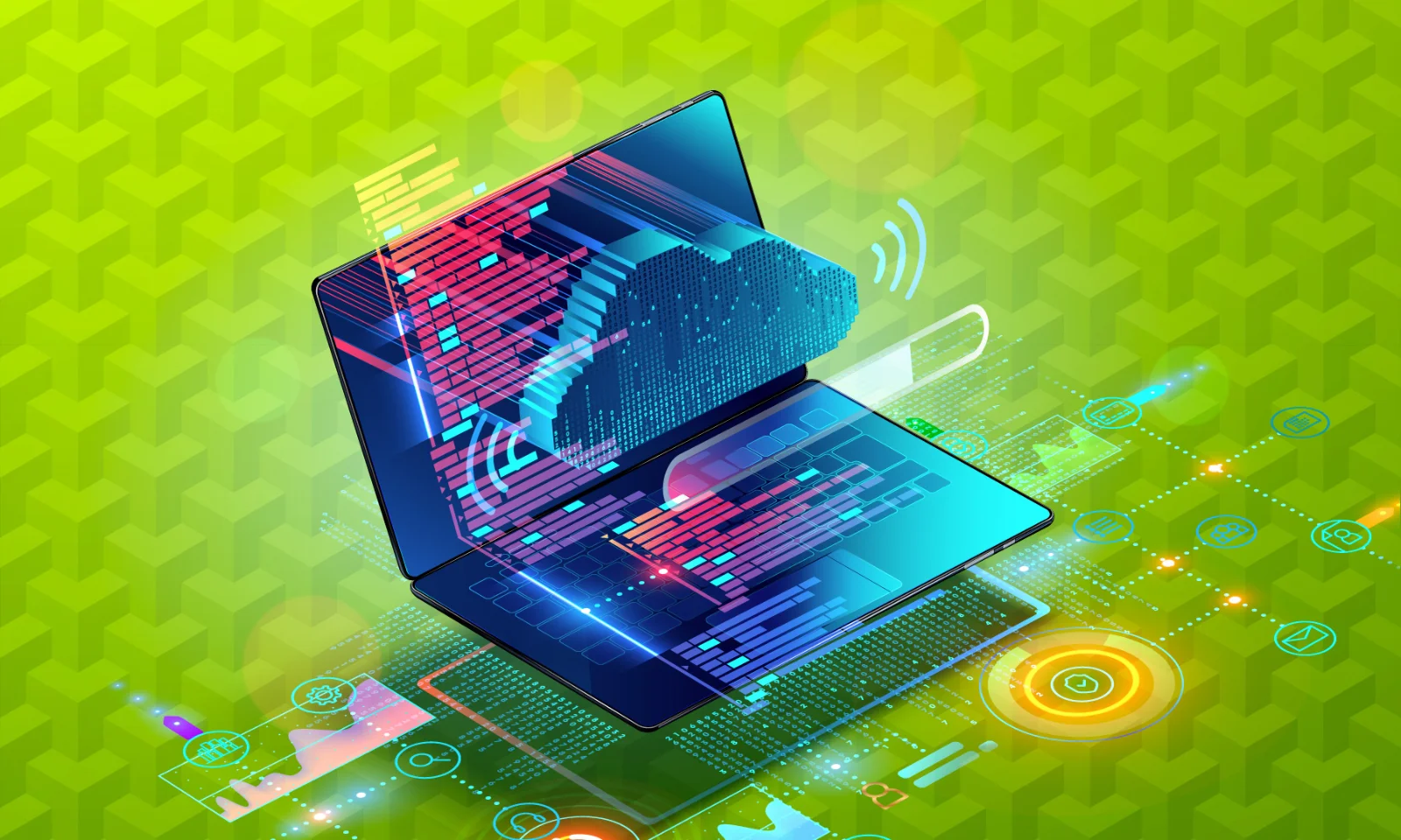 Ilustración de una computadora portátil con datos digitales y gráficos de nubes sobre un fondo geométrico verde.