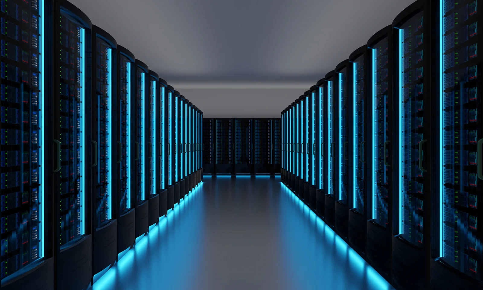 A futuristic data centre featuring rows of illuminated server racks, highlighting advanced data storage and processing capabilities.