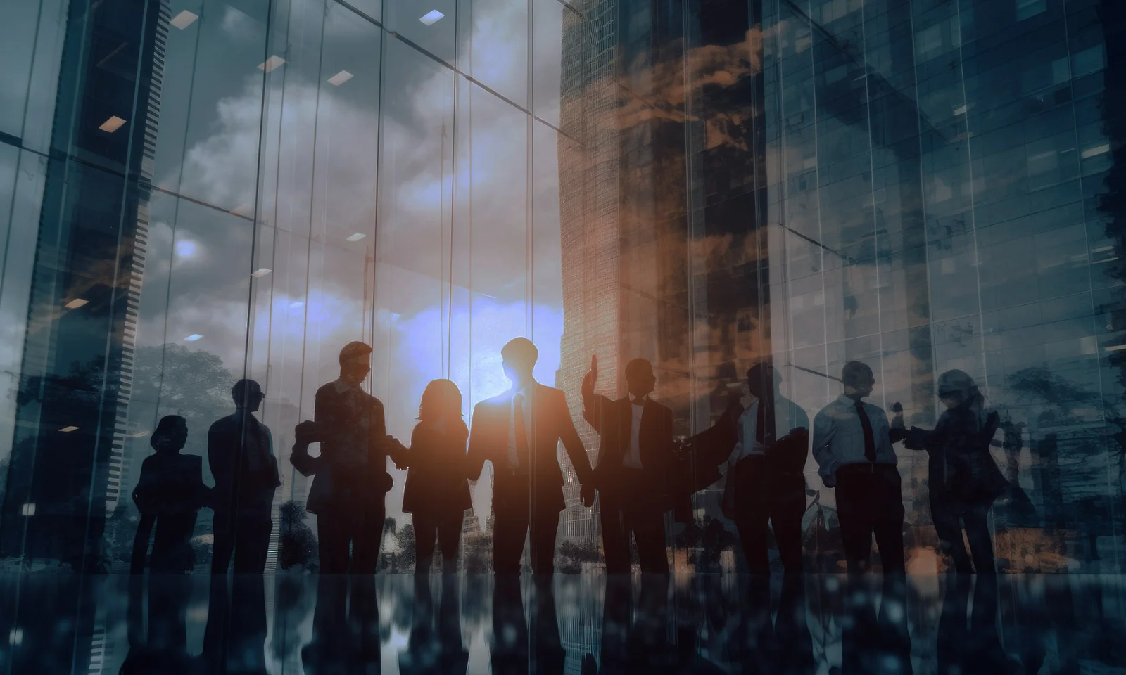 Silhouetted business professionals shaking hands and collaborating in a glass-walled office with a cityscape reflection at sunset.