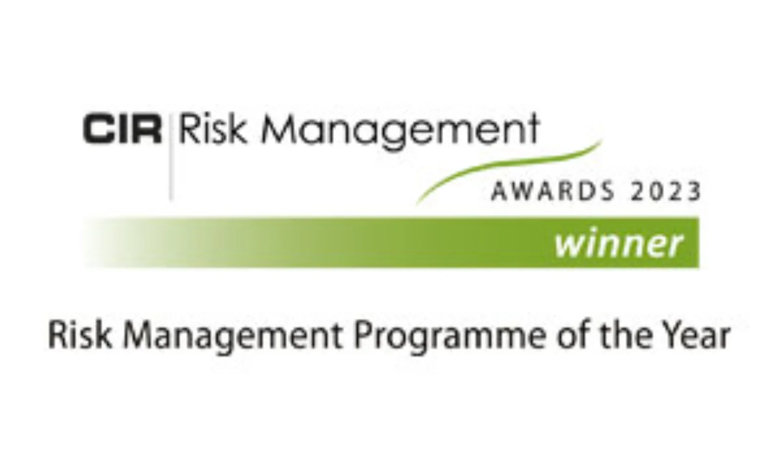 Image of the CIR Risk Management Awards 2023 winner badge, featuring a green and white design with the text &quot;Risk Management Programme of the Year.&quot;