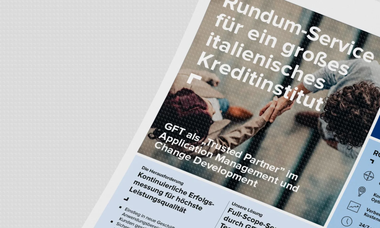 Ein Factsheet-Cover mit dem Titel &quot;Rundum-Service für ein großes italienisches Kreditinstitut&quot;. Das Cover beschreibt umfassende Serviceleistungen und Lösungen, die speziell auf die Bedürfnisse eines großen Finanzinstituts in Italien zugeschnitten sind.